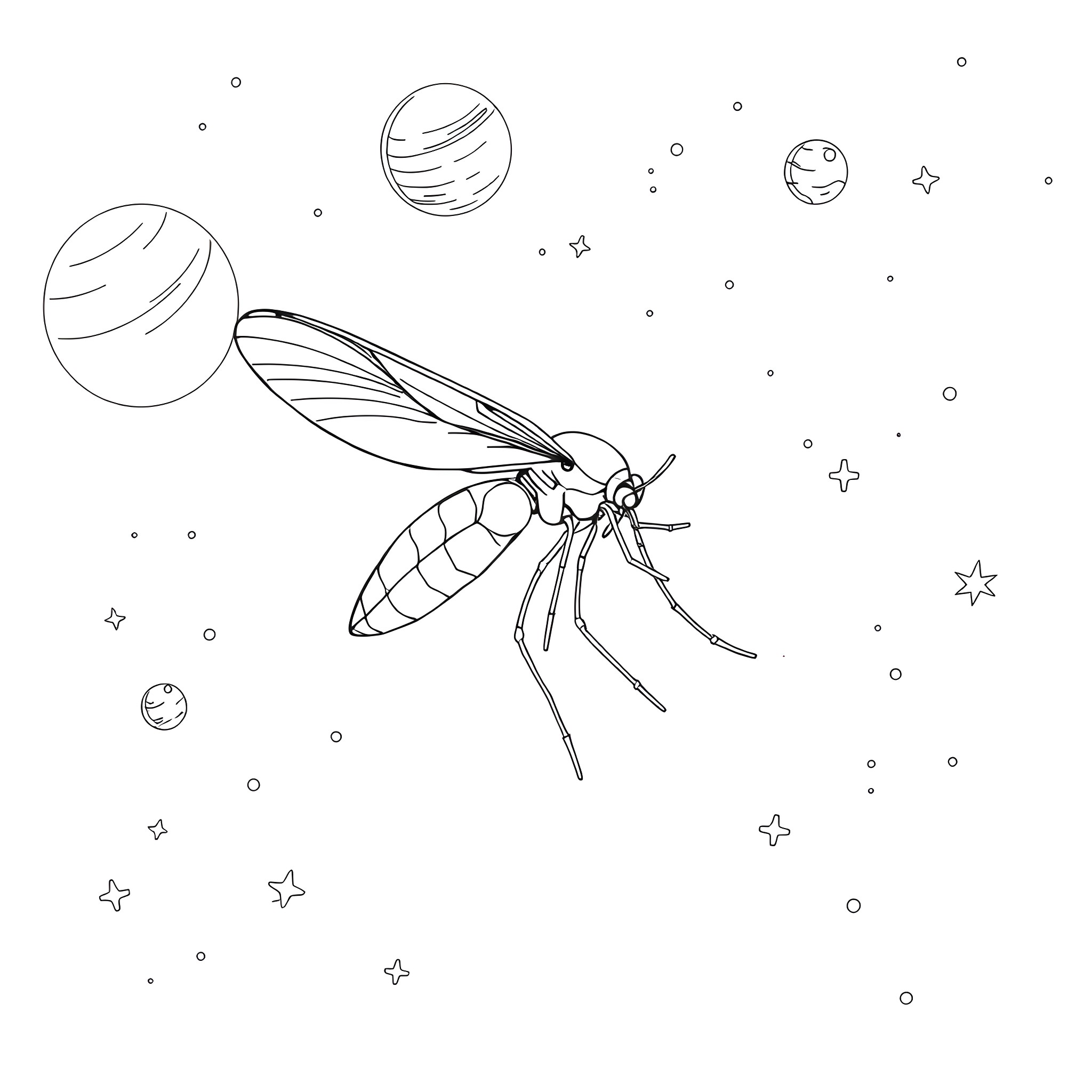 Mosquito in cosmic space Coloring Page (free black-and-white line drawing printable PDF for all, from beginners to advanced learners, including children, teens, adults, and seniors)