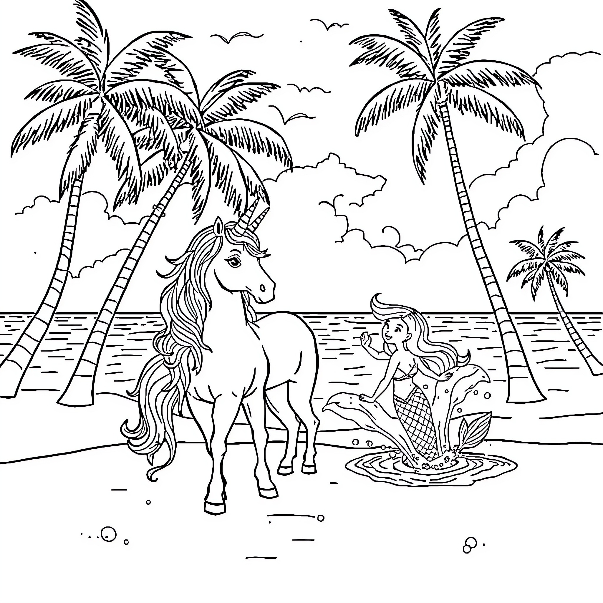 Unicorn and Mermaid in Tropical Seaside Scenery Coloring Page (free black-and-white line drawing printable PDF for all, from beginners to advanced learners, including children, teens, adults, and seniors)