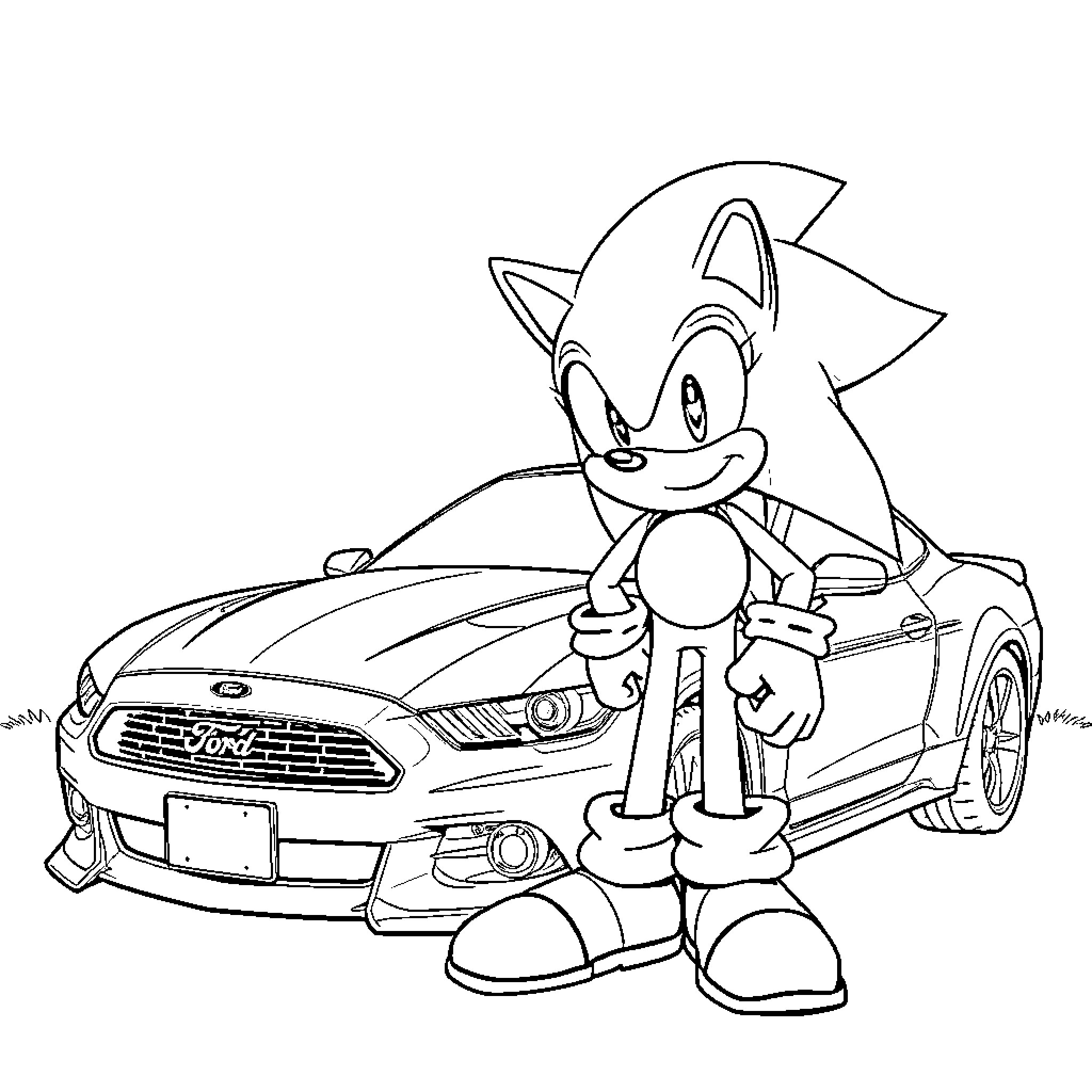 Sonic posing with a sports car Coloring Page (free black-and-white line drawing printable PDF for all, from beginners to advanced learners, including children, teens, adults, and seniors)