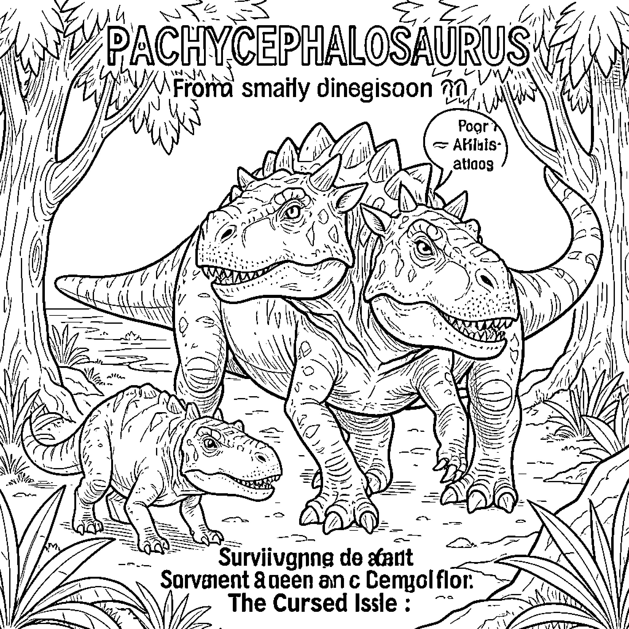 Pachycephalosaurus Herd Roaming in the Prehistoric Wilderness Coloring Page (free black-and-white line drawing printable PDF for all, from beginners to advanced learners, including children, teens, adults, and seniors)