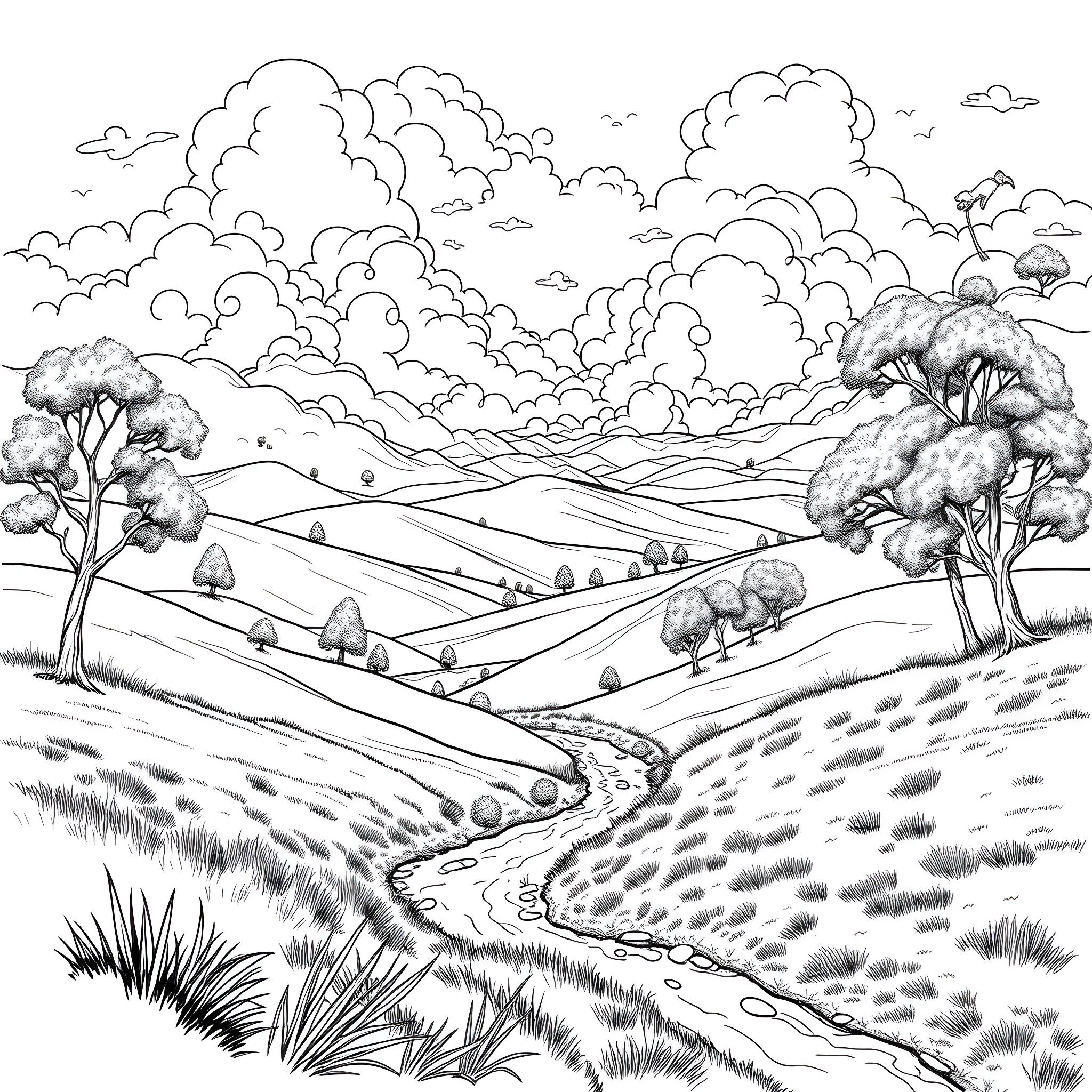Nature's Serene Landscape: A Tranquil Countryside Scene Coloring Page (free black-and-white line drawing printable PDF for all, from beginners to advanced learners, including children, teens, adults, and seniors)