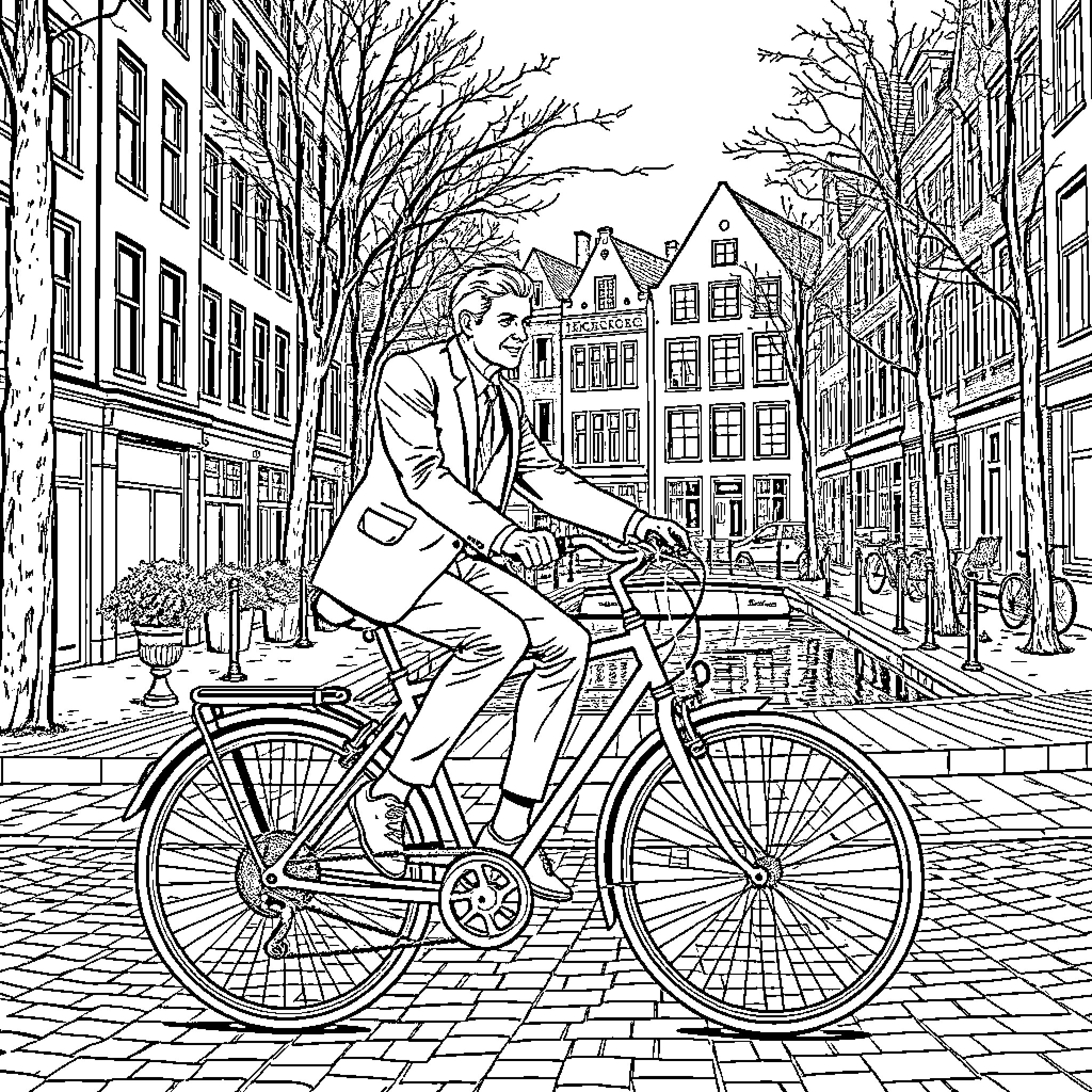 Man riding bicycle through historic city street Coloring Page (free black-and-white line drawing printable PDF for all, from beginners to advanced learners, including children, teens, adults, and seniors)