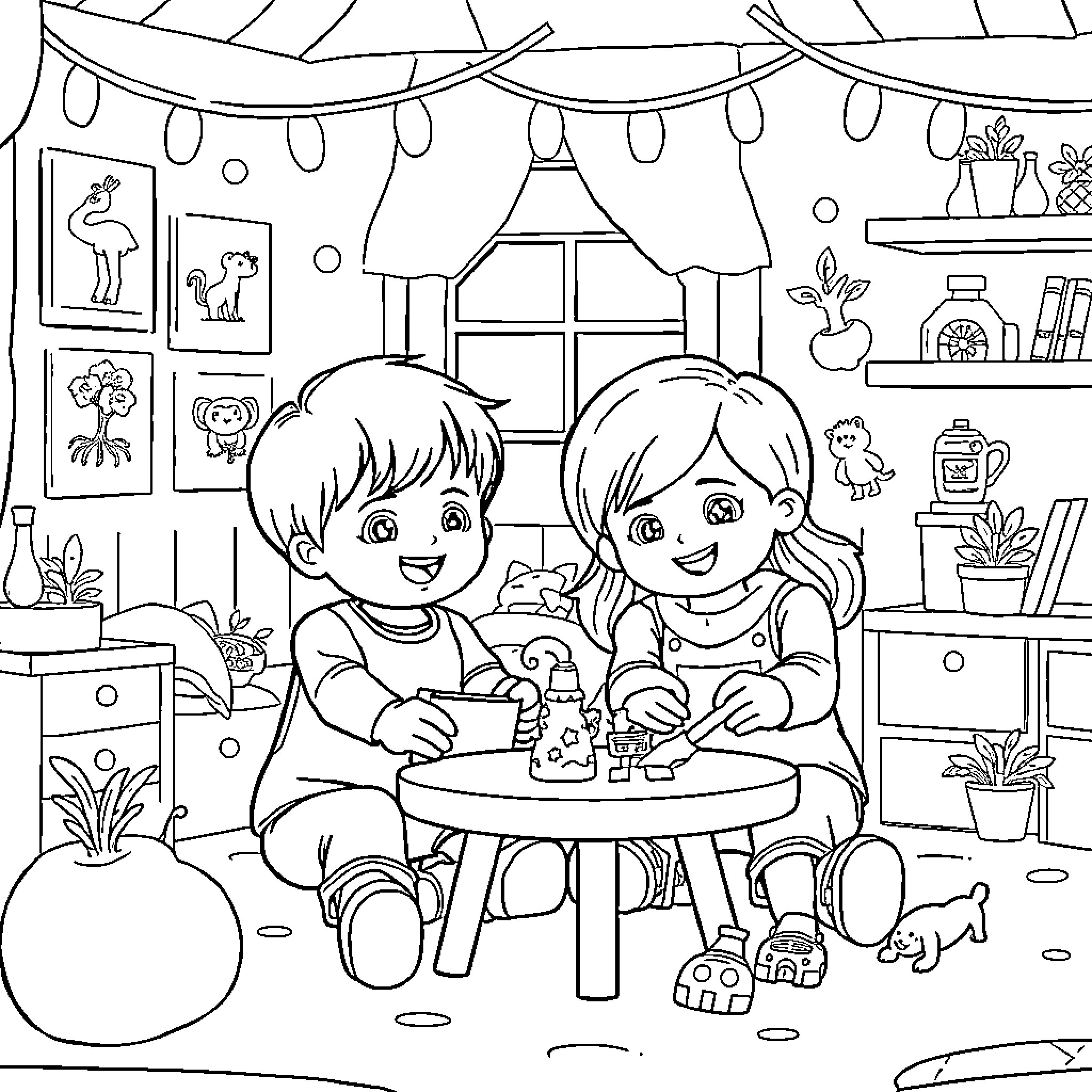 Niño and girl playing with toys in cozy room Coloring Page (free black-and-white line drawing printable PDF for all, from beginners to advanced learners, including children, teens, adults, and seniors)