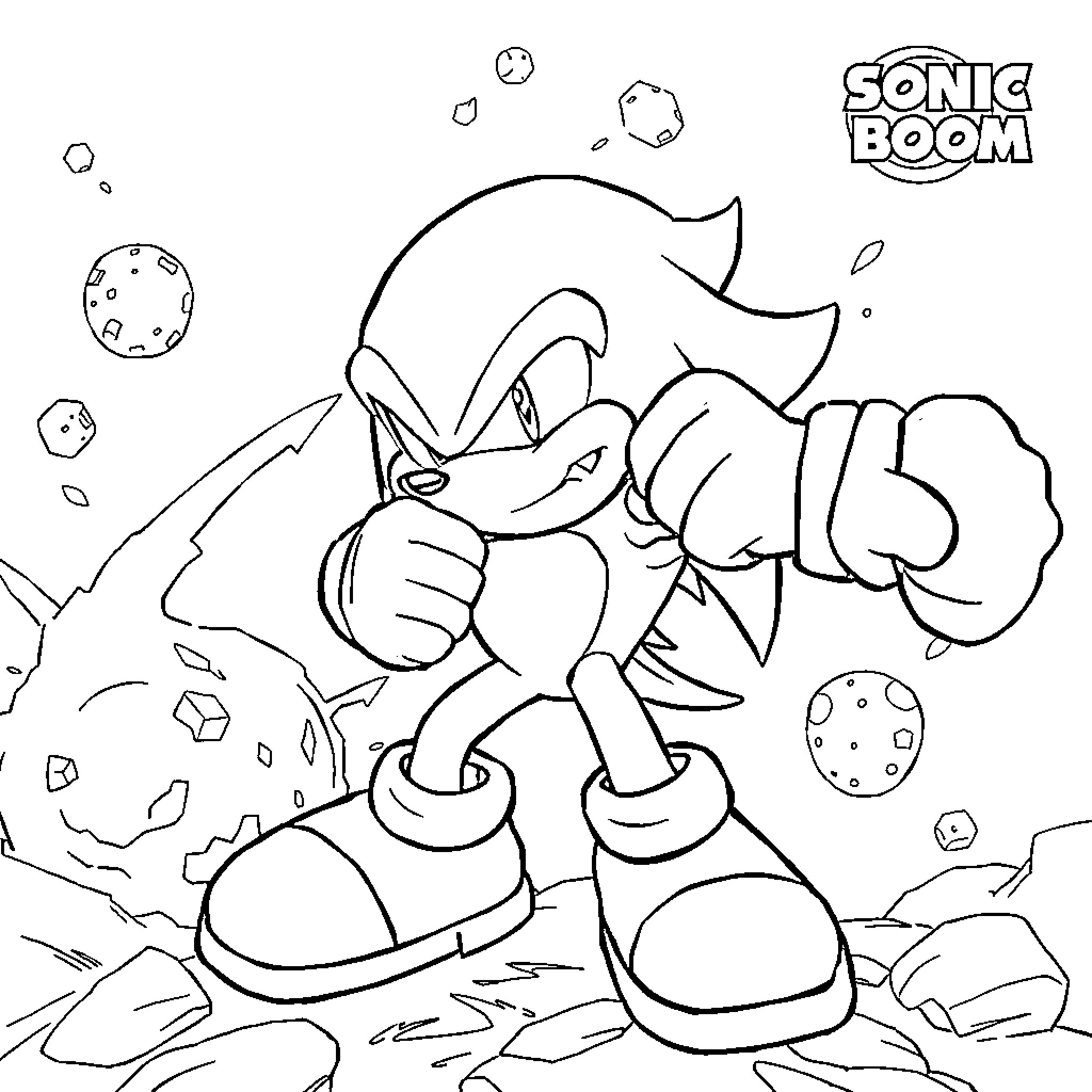 Knuckles the Echidna in action Coloring Page (free black-and-white line drawing printable PDF for all, from beginners to advanced learners, including children, teens, adults, and seniors)