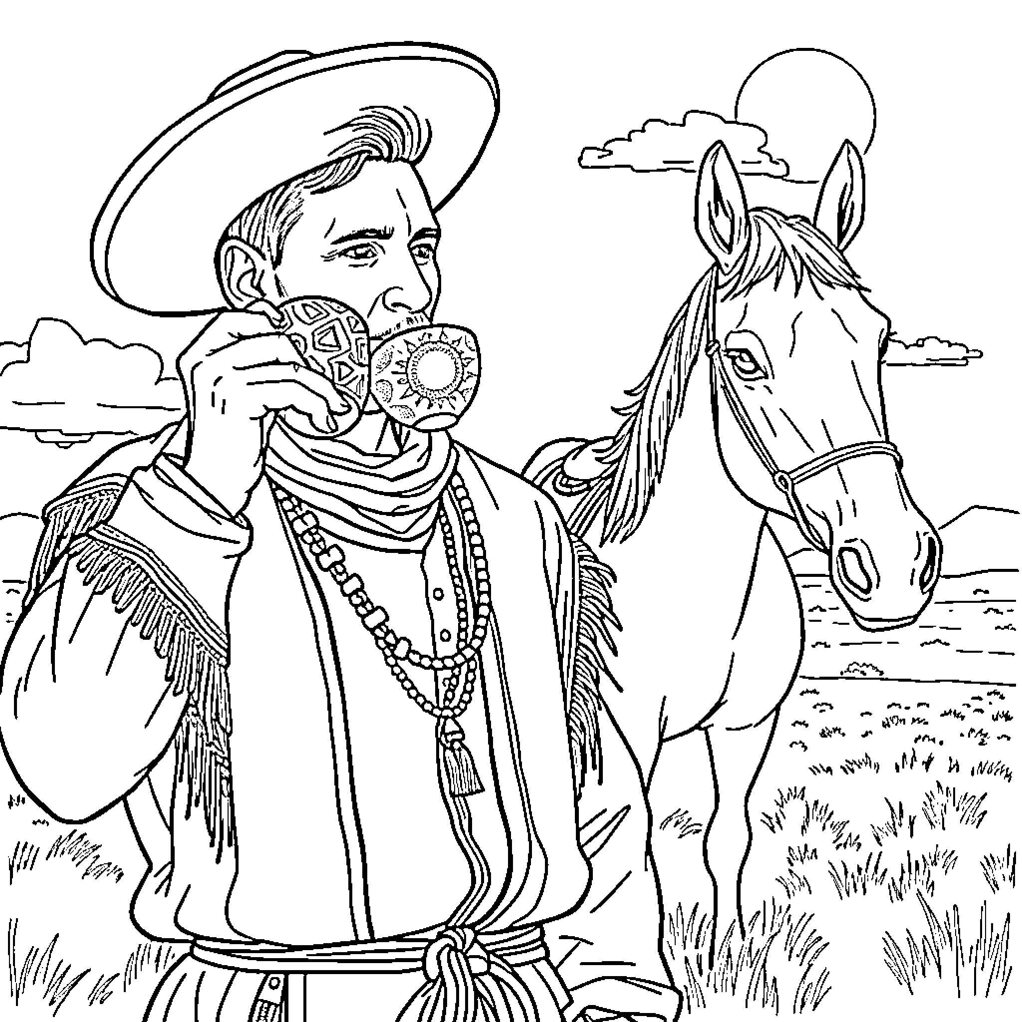 Leo Messi in Cowboy Attire with Horse Coloring Page (free black-and-white line drawing printable PDF for all, from beginners to advanced learners, including children, teens, adults, and seniors)