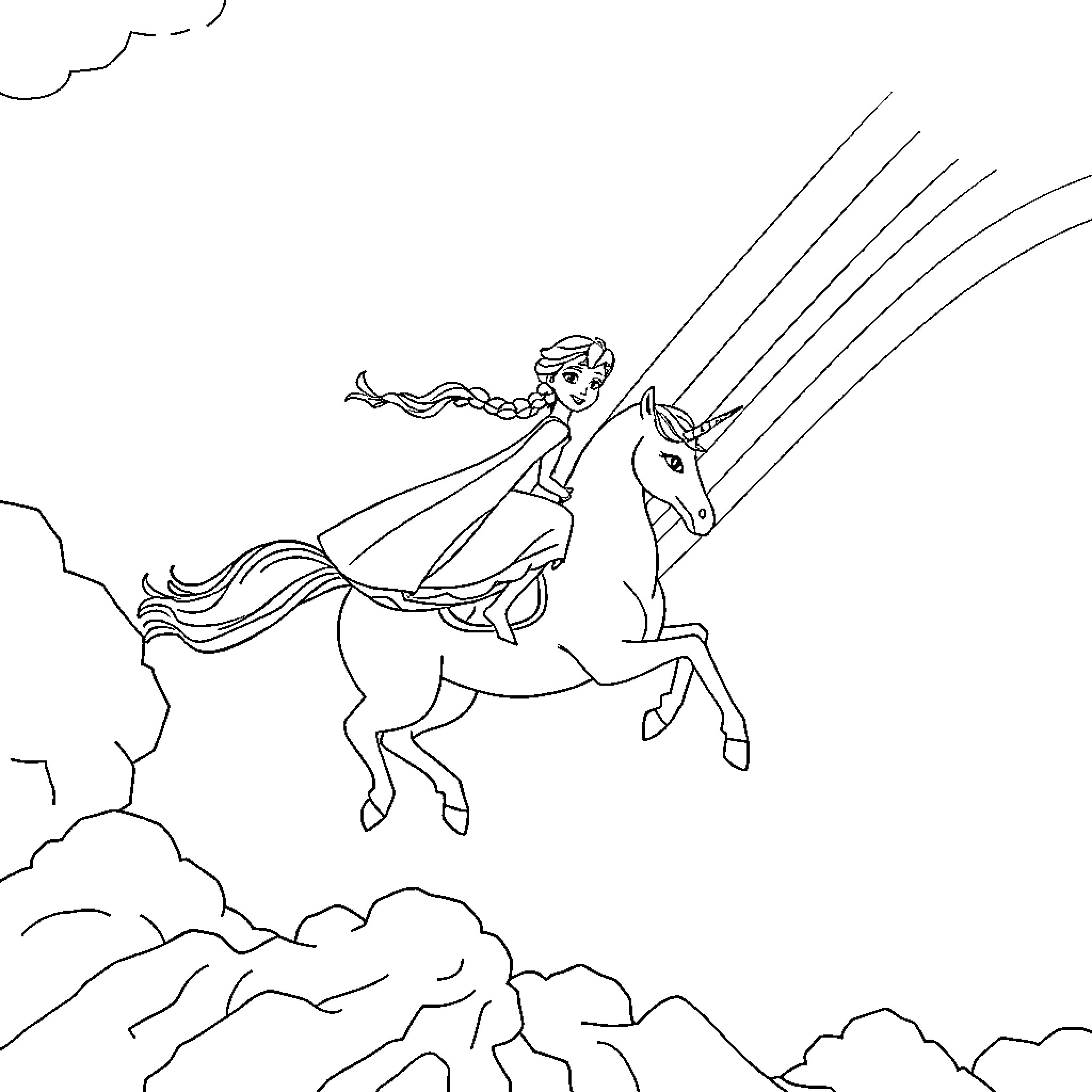 Elsa riding a magical unicorn through the sky Coloring Page (free black-and-white line drawing printable PDF for all, from beginners to advanced learners, including children, teens, adults, and seniors)