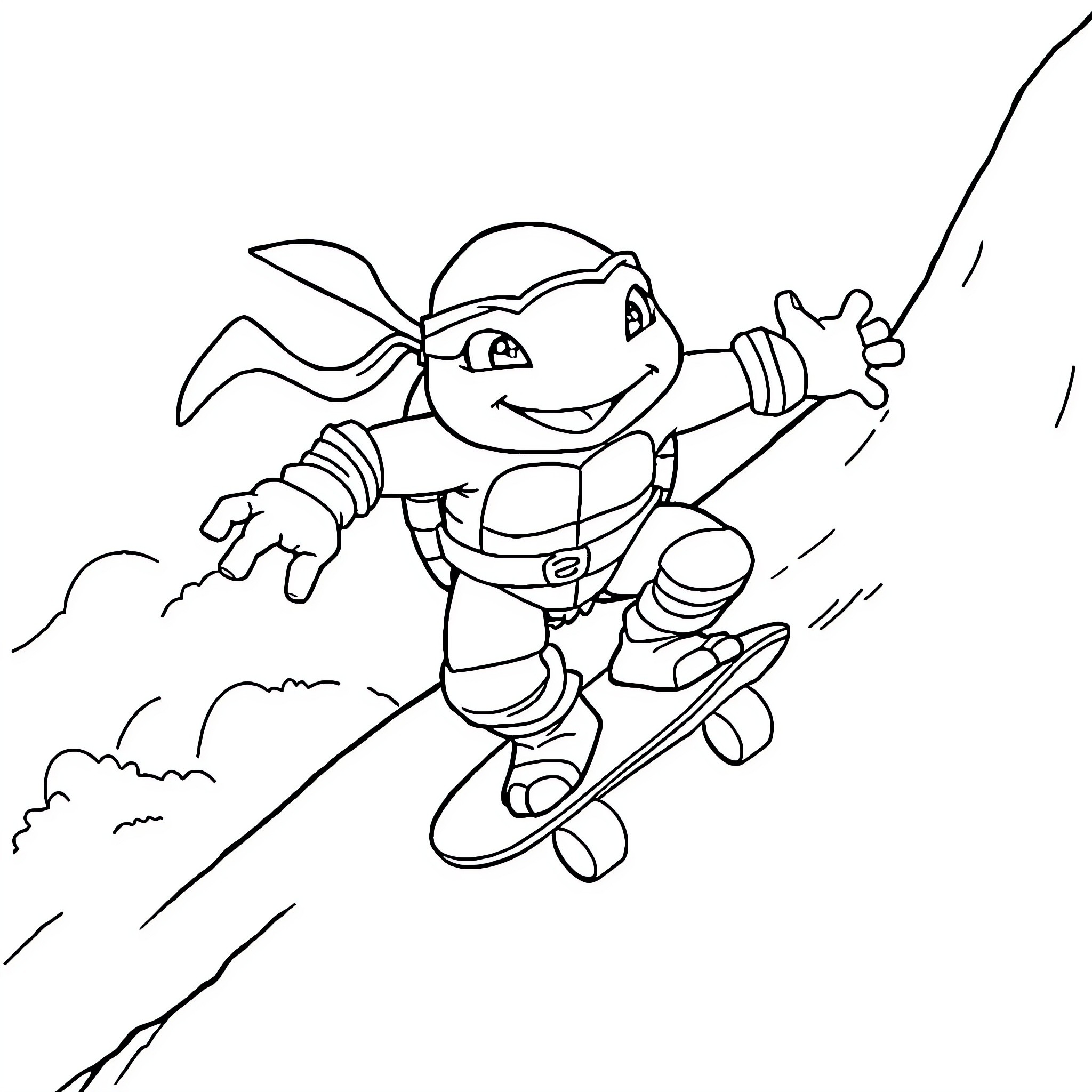 Ninja Turtle snowboarding down the slopes Coloring Page (free black-and-white line drawing printable PDF for all, from beginners to advanced learners, including children, teens, adults, and seniors)