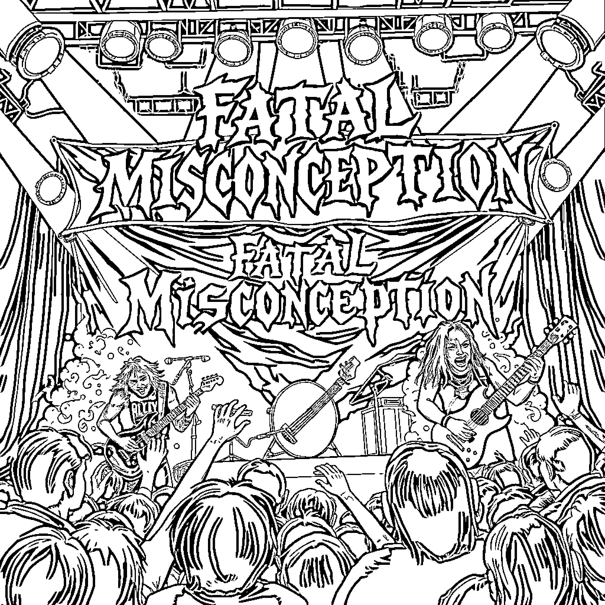 Band performing on stage at the Fatal Misconception concert Coloring Page (free black-and-white line drawing printable PDF for all, from beginners to advanced learners, including children, teens, adults, and seniors)