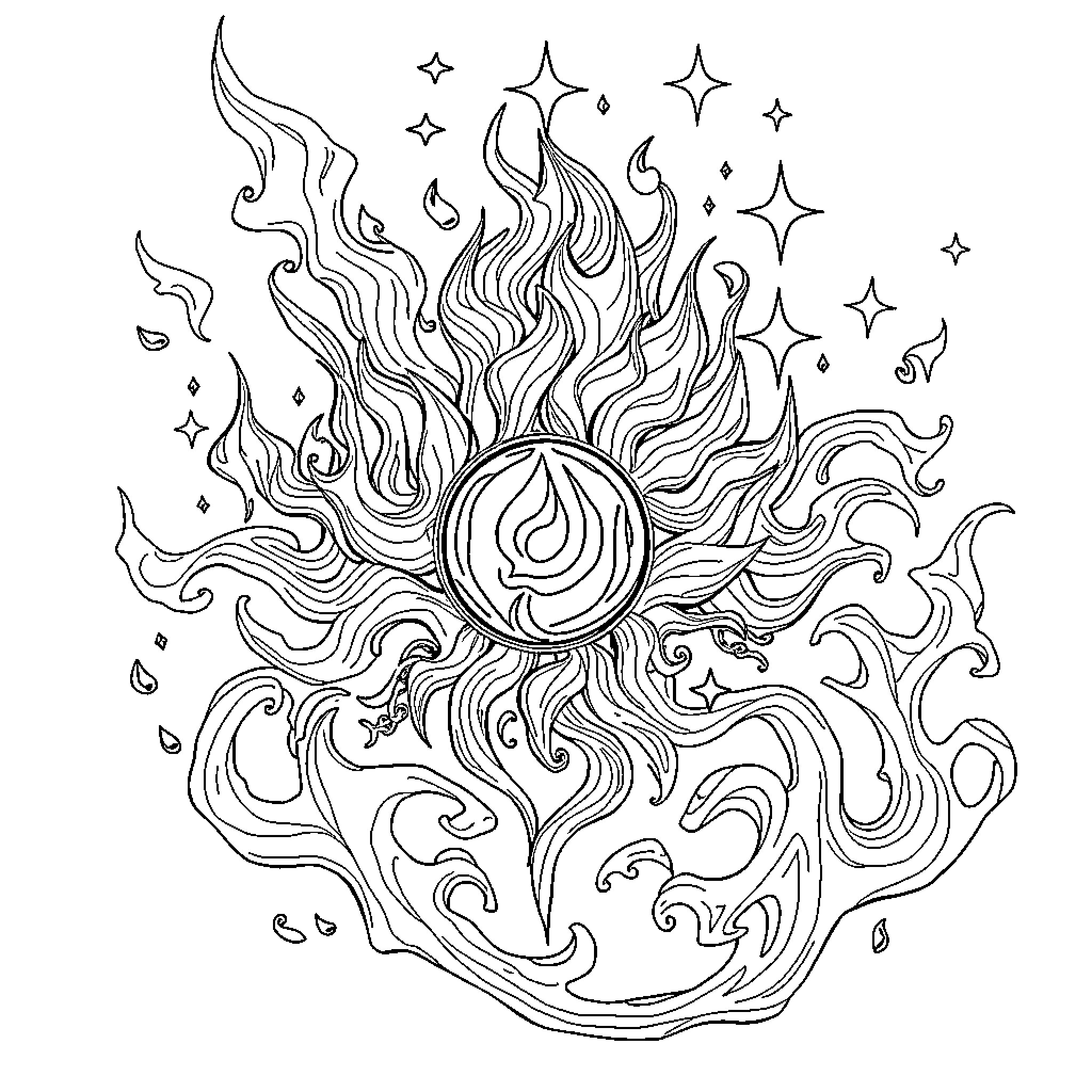 E Doza - Mystical Sun Flames and Celestial Shapes Coloring Page (free black-and-white line drawing printable PDF for all, from beginners to advanced learners, including children, teens, adults, and seniors)