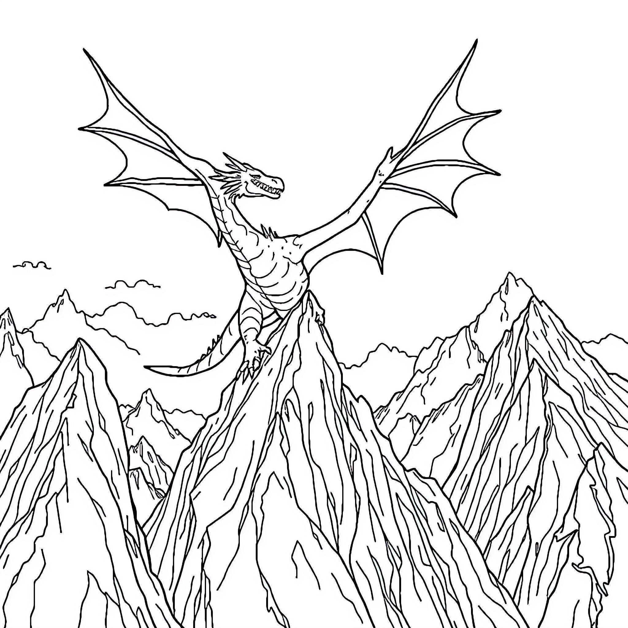 Dragon soaring over majestic mountain peaks Coloring Page (free black-and-white line drawing printable PDF for all, from beginners to advanced learners, including children, teens, adults, and seniors)