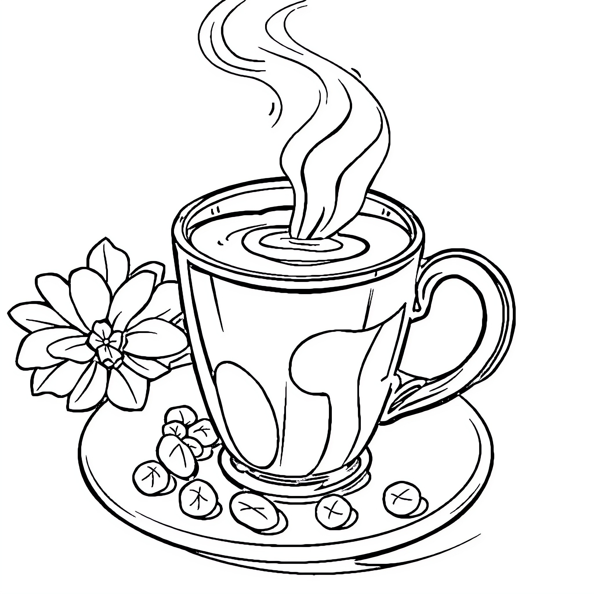Coffee Aroma and Floral Delight Coloring Page (free black-and-white line drawing printable PDF for all, from beginners to advanced learners, including children, teens, adults, and seniors)