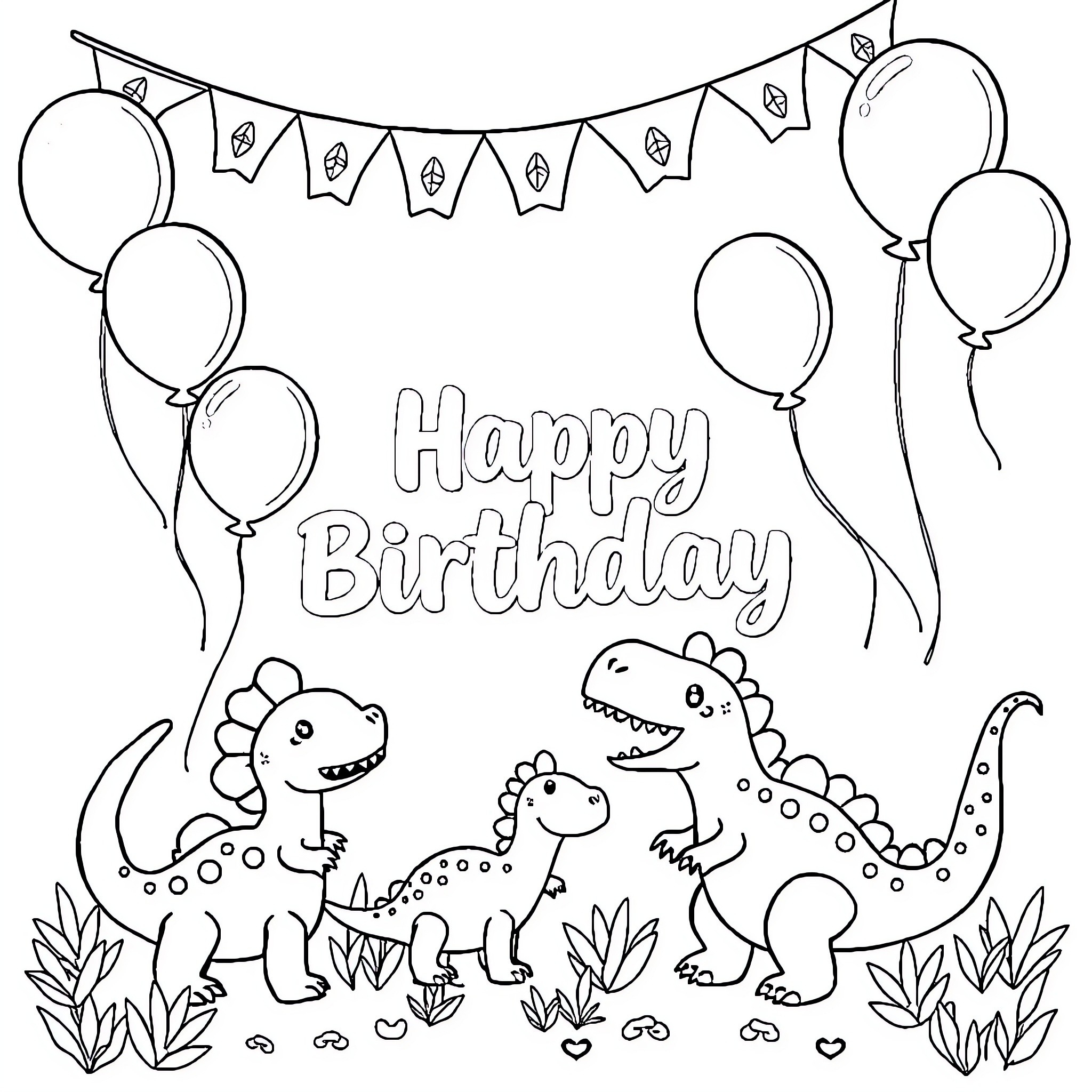 Dinosaur birthday celebration with balloons and decorations Coloring Page (free black-and-white line drawing printable PDF for all, from beginners to advanced learners, including children, teens, adults, and seniors)