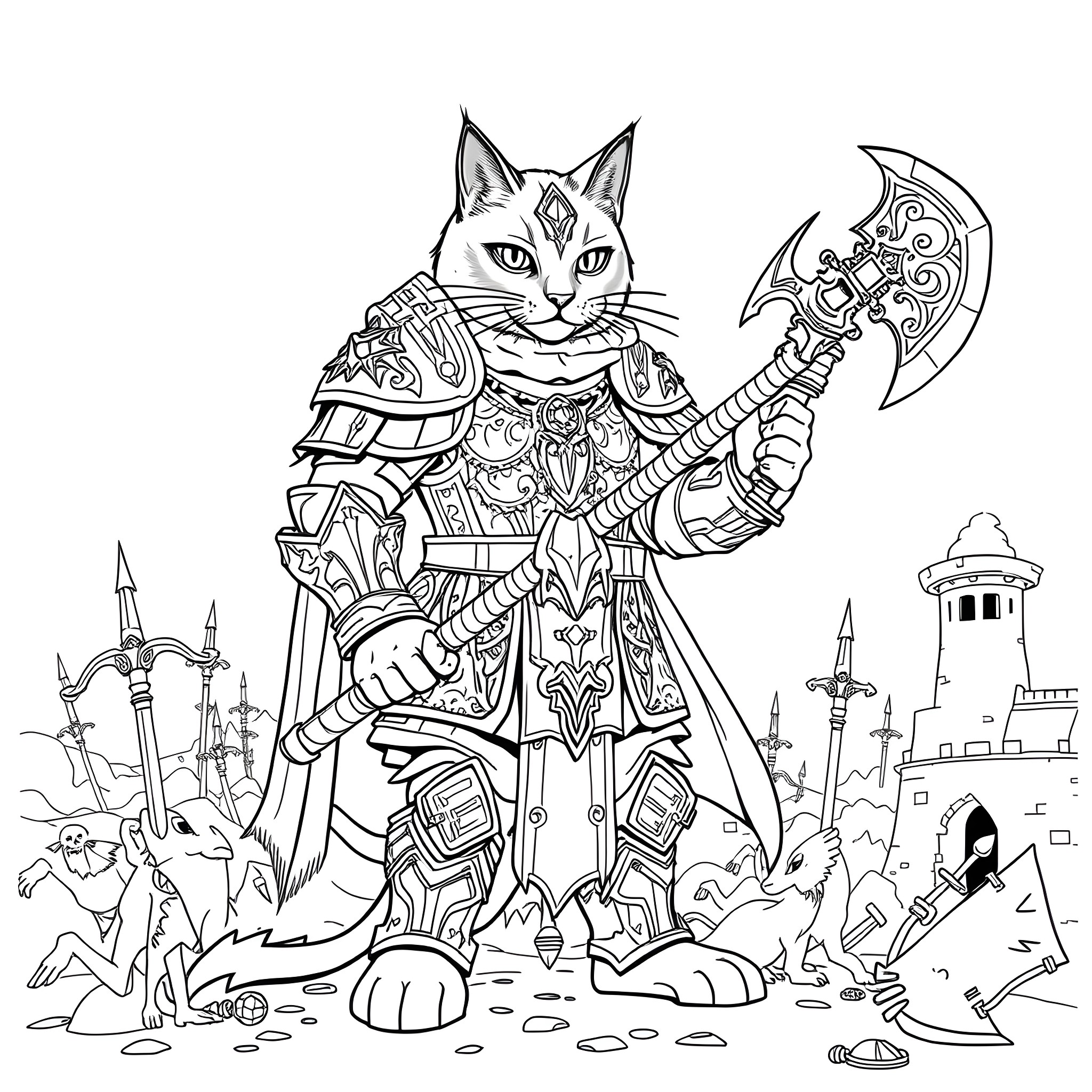 Cat Warrior Wielding Axe in Epic Fantasy Scene Coloring Page (free black-and-white line drawing printable PDF for all, from beginners to advanced learners, including children, teens, adults, and seniors)