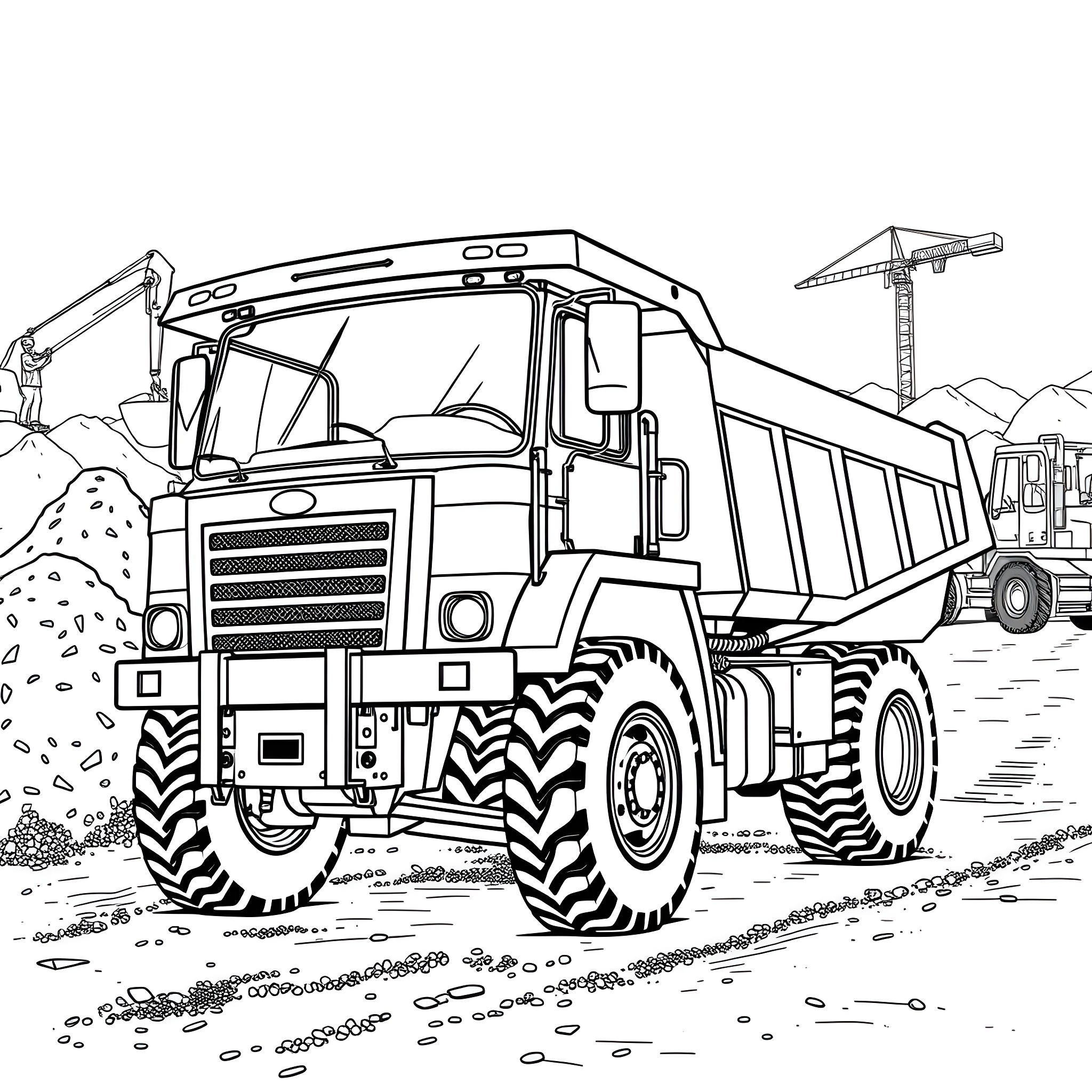 Dumper truck carrying heavy load on a construction site Coloring Page (free black-and-white line drawing printable PDF for all, from beginners to advanced learners, including children, teens, adults, and seniors)