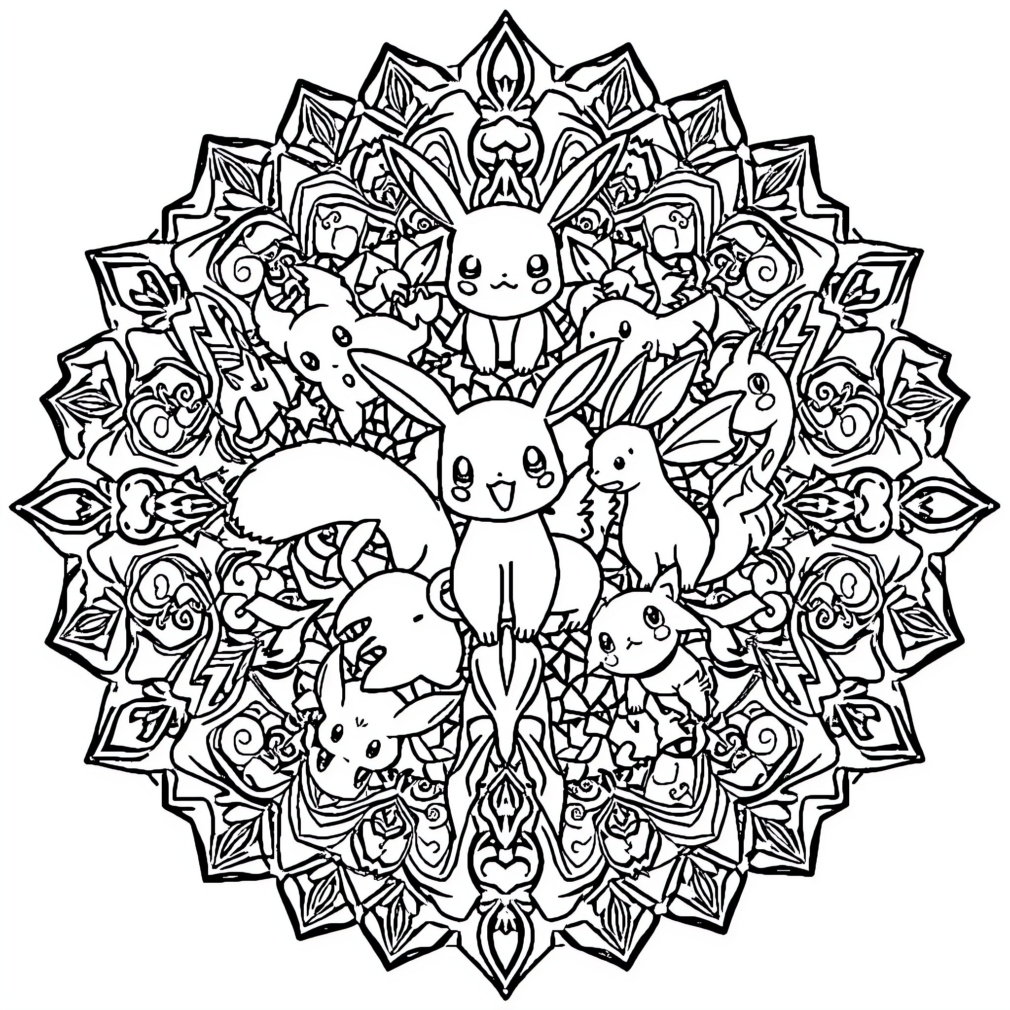 Pokémon characters in decorative mandala design Coloring Page (free black-and-white line drawing printable PDF for all, from beginners to advanced learners, including children, teens, adults, and seniors)