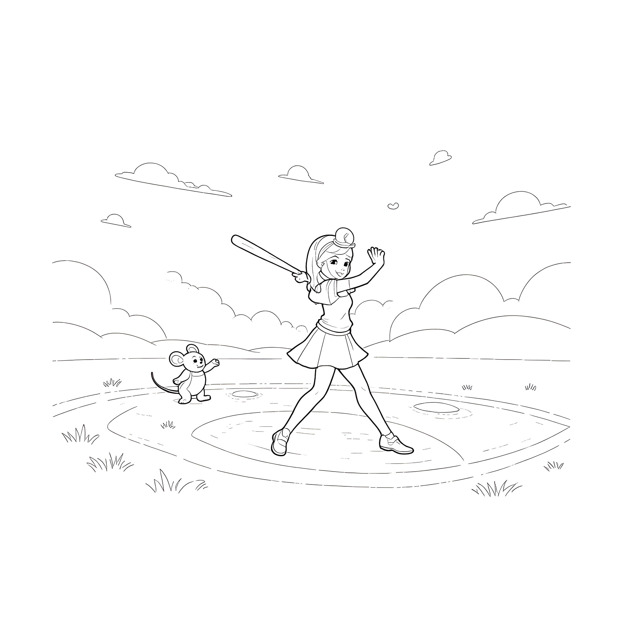 Cinderella playing baseball with a mouse in the field Coloring Page (free black-and-white line drawing printable PDF for all, from beginners to advanced learners, including children, teens, adults, and seniors)