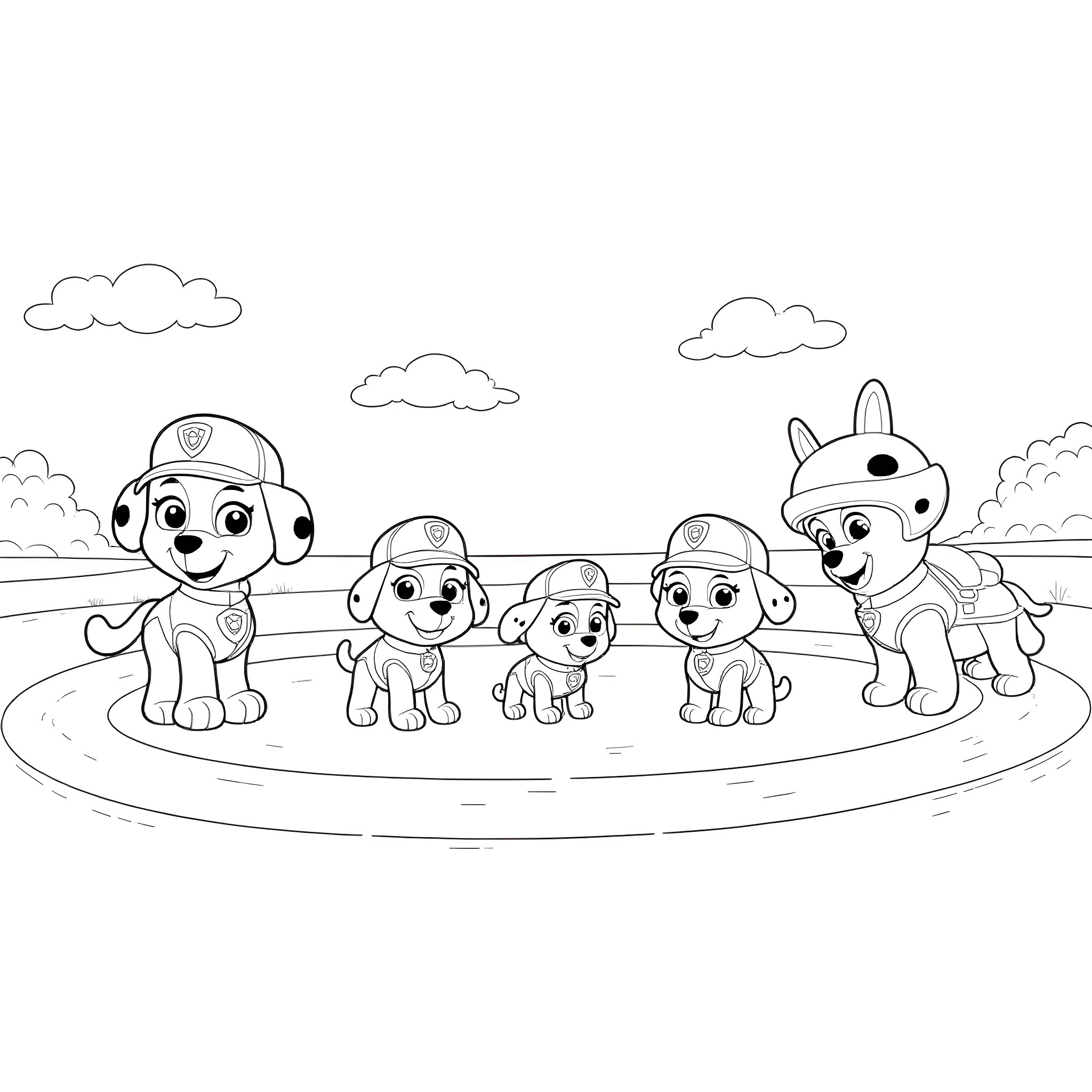 Paw Patrol puppies in action adventure Coloring Page (free black-and-white line drawing printable PDF for all, from beginners to advanced learners, including children, teens, adults, and seniors)