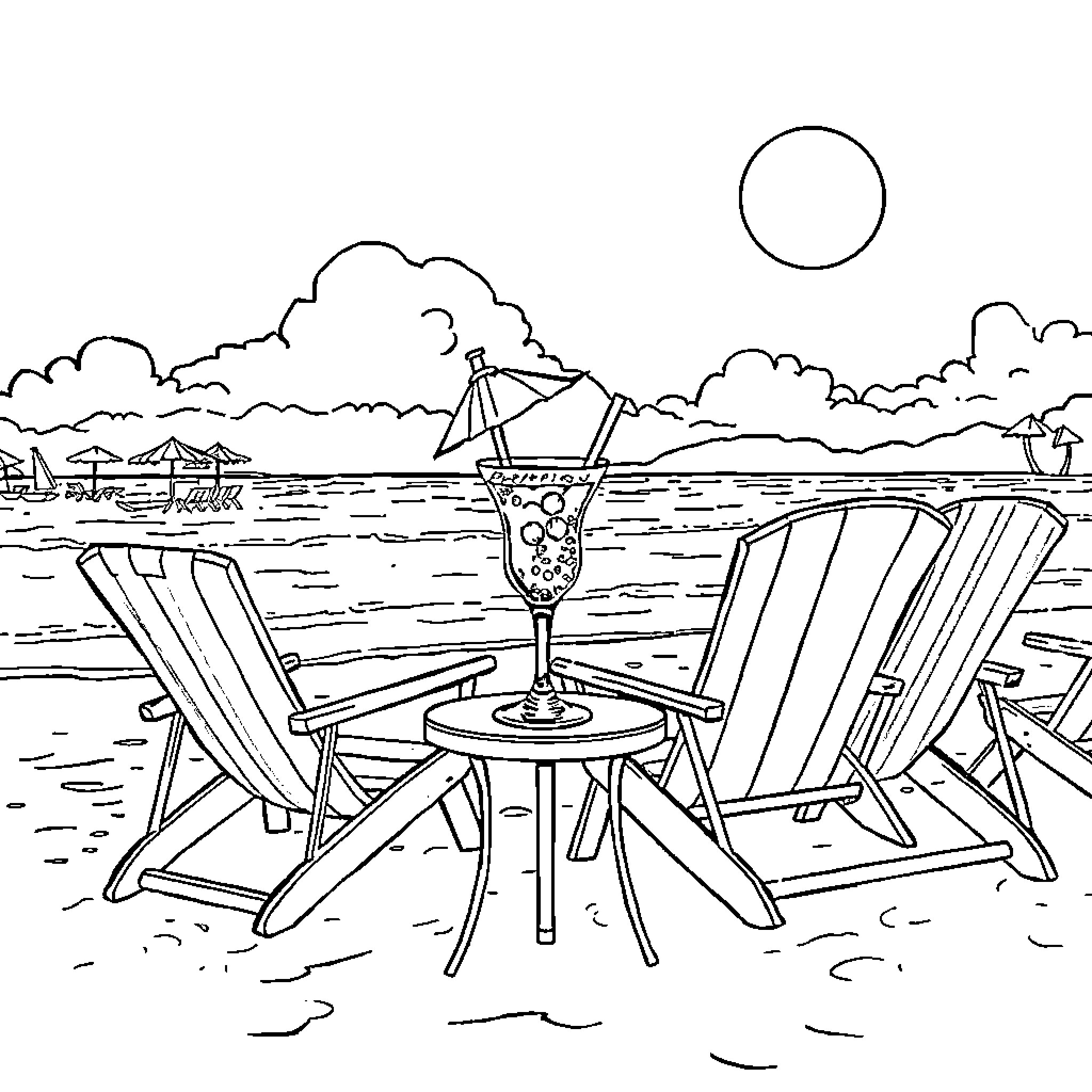 Shark lounging on beach chairs by the ocean Coloring Page (free black-and-white line drawing printable PDF for all, from beginners to advanced learners, including children, teens, adults, and seniors)