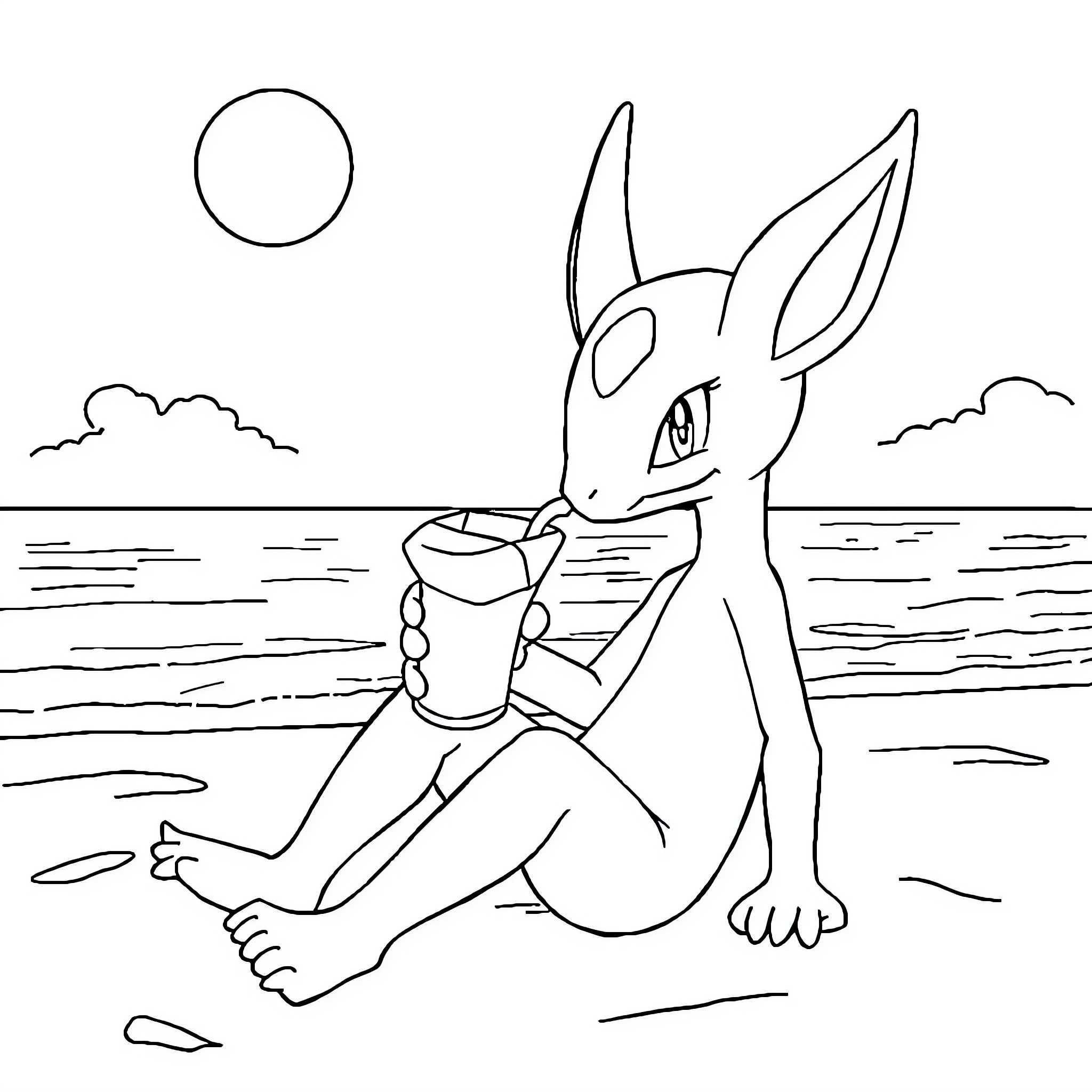 Mewtwo contemplating by the tranquil ocean Coloring Page (free black-and-white line drawing printable PDF for all, from beginners to advanced learners, including children, teens, adults, and seniors)