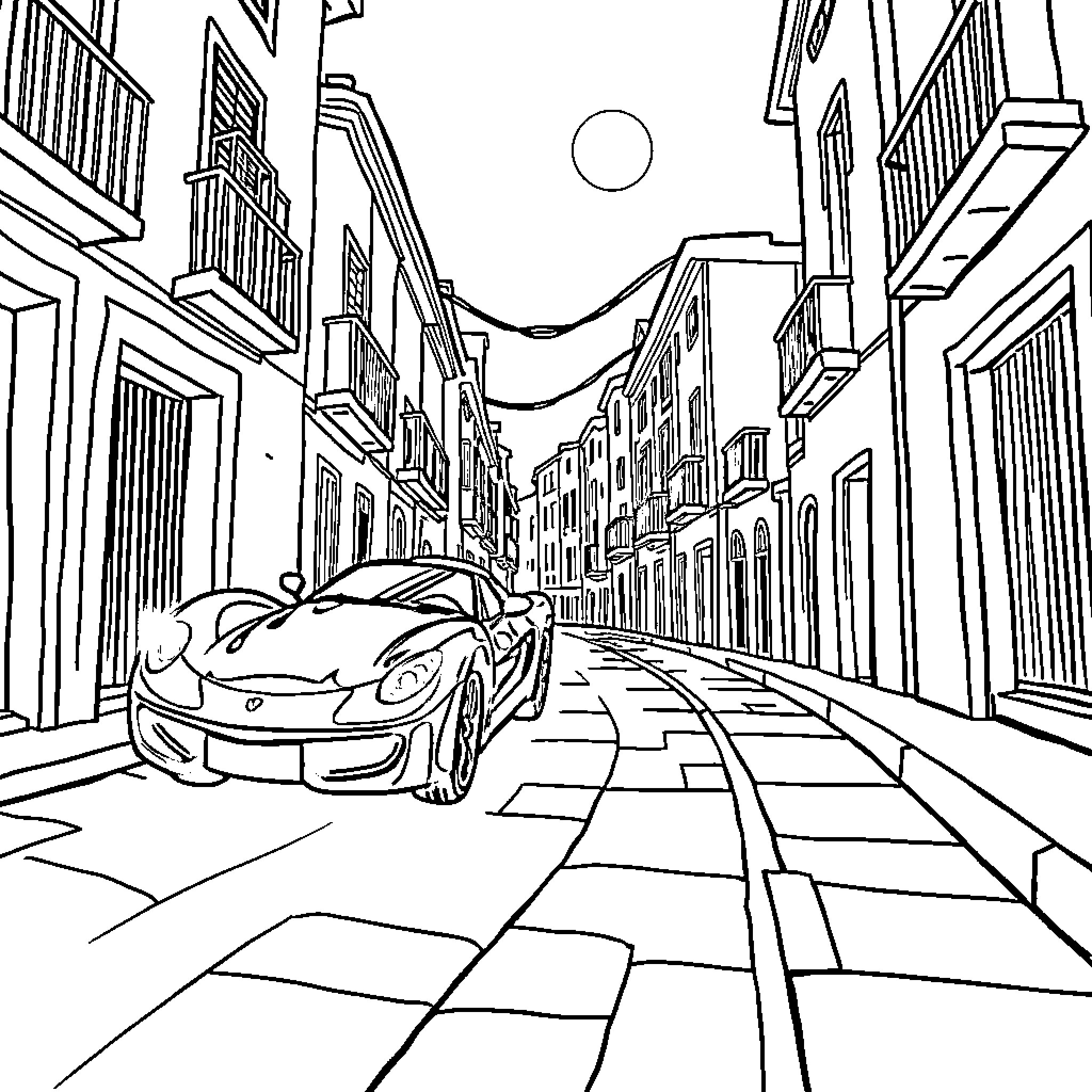 Formula Car Parked on a Scenic City Street Coloring Page (free black-and-white line drawing printable PDF for all, from beginners to advanced learners, including children, teens, adults, and seniors)