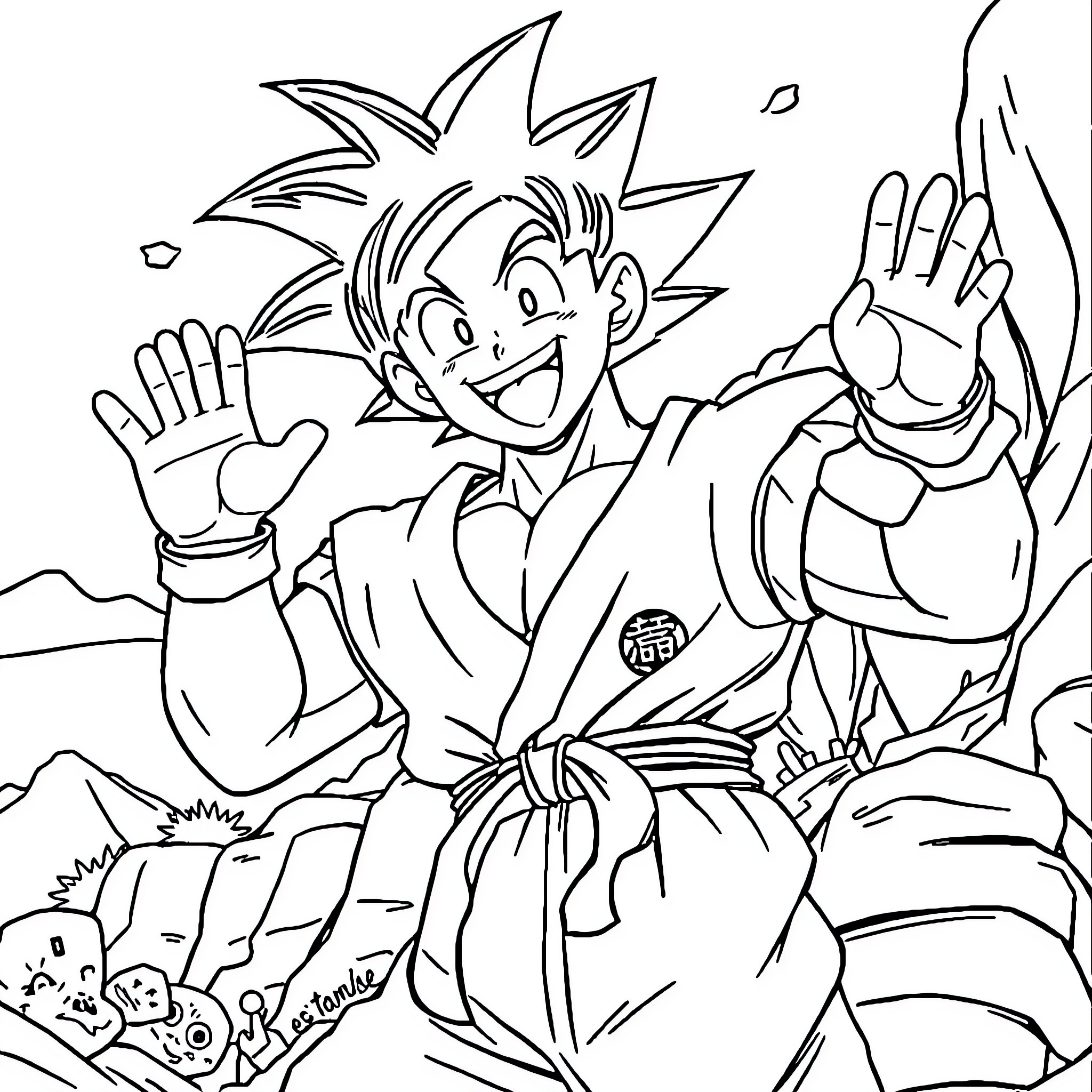 Son Goku Unleashing Powerful Energy Attack Coloring Page (free black-and-white line drawing printable PDF for all, from beginners to advanced learners, including children, teens, adults, and seniors)