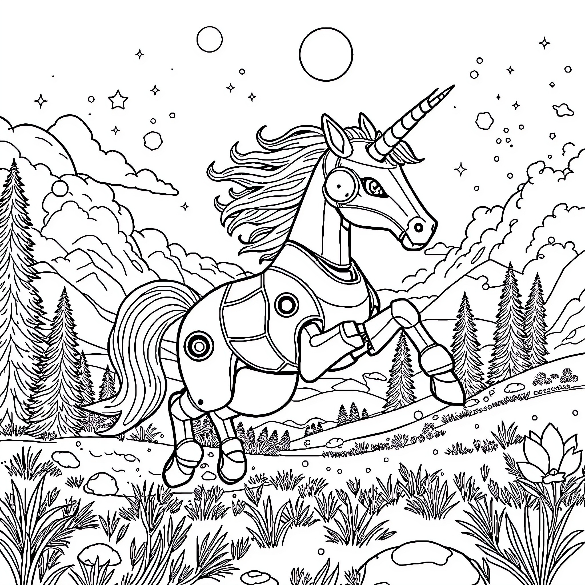 Robot Unicorn Galloping Through a Whimsical Landscape Coloring Page (free black-and-white line drawing printable PDF for all, from beginners to advanced learners, including children, teens, adults, and seniors)