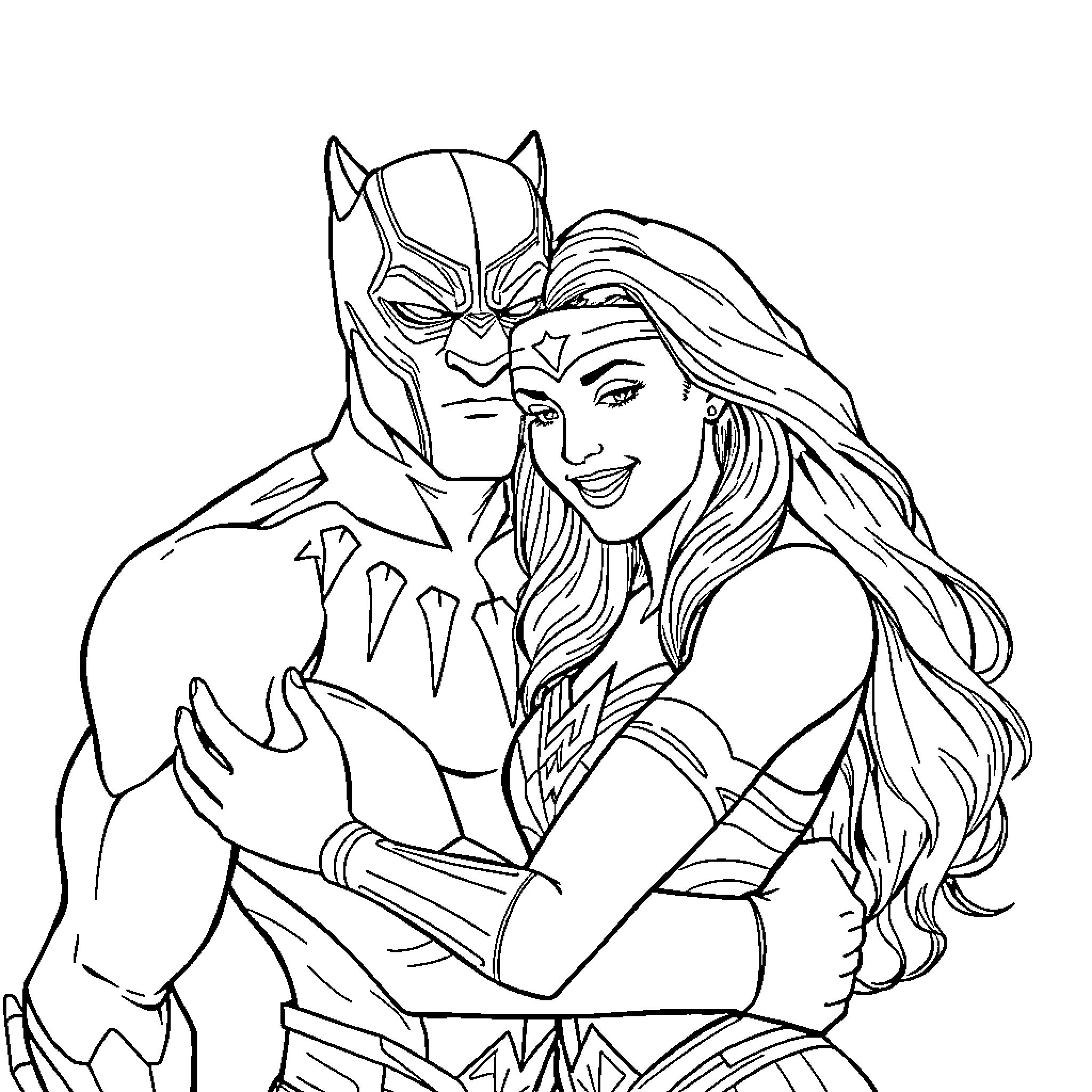 Panther superhero embracing female companion Coloring Page (free black-and-white line drawing printable PDF for all, from beginners to advanced learners, including children, teens, adults, and seniors)