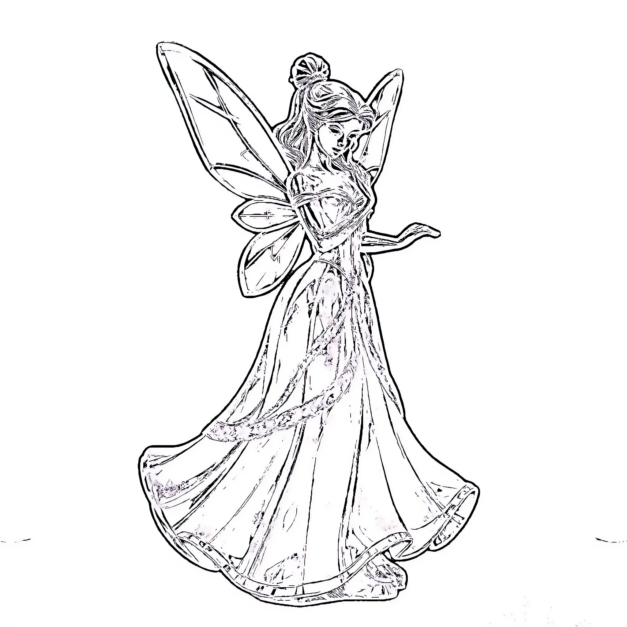 Belle, a fairy in a flowing dress Coloring Page (free black-and-white line drawing printable PDF for all, from beginners to advanced learners, including children, teens, adults, and seniors)