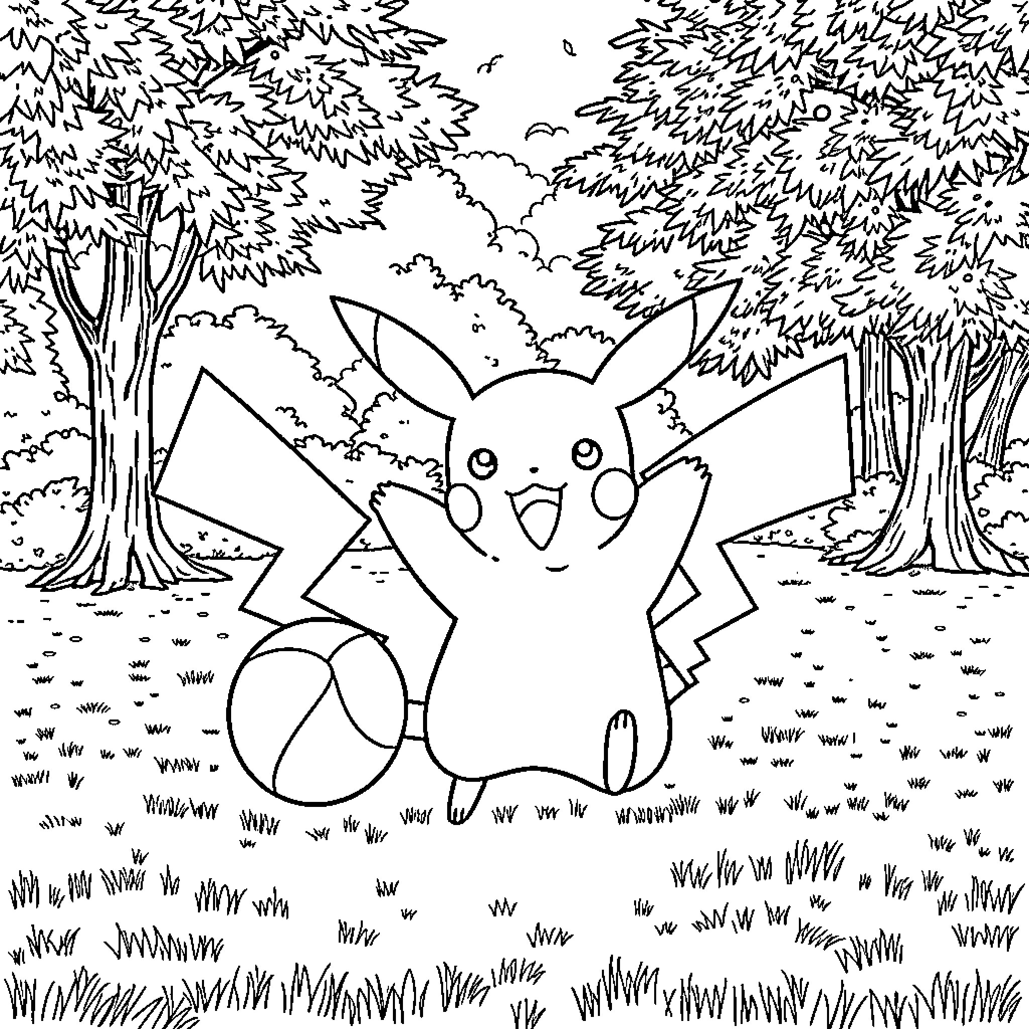 Pikachu explores the enchanting forest Coloring Page (free black-and-white line drawing printable PDF for all, from beginners to advanced learners, including children, teens, adults, and seniors)