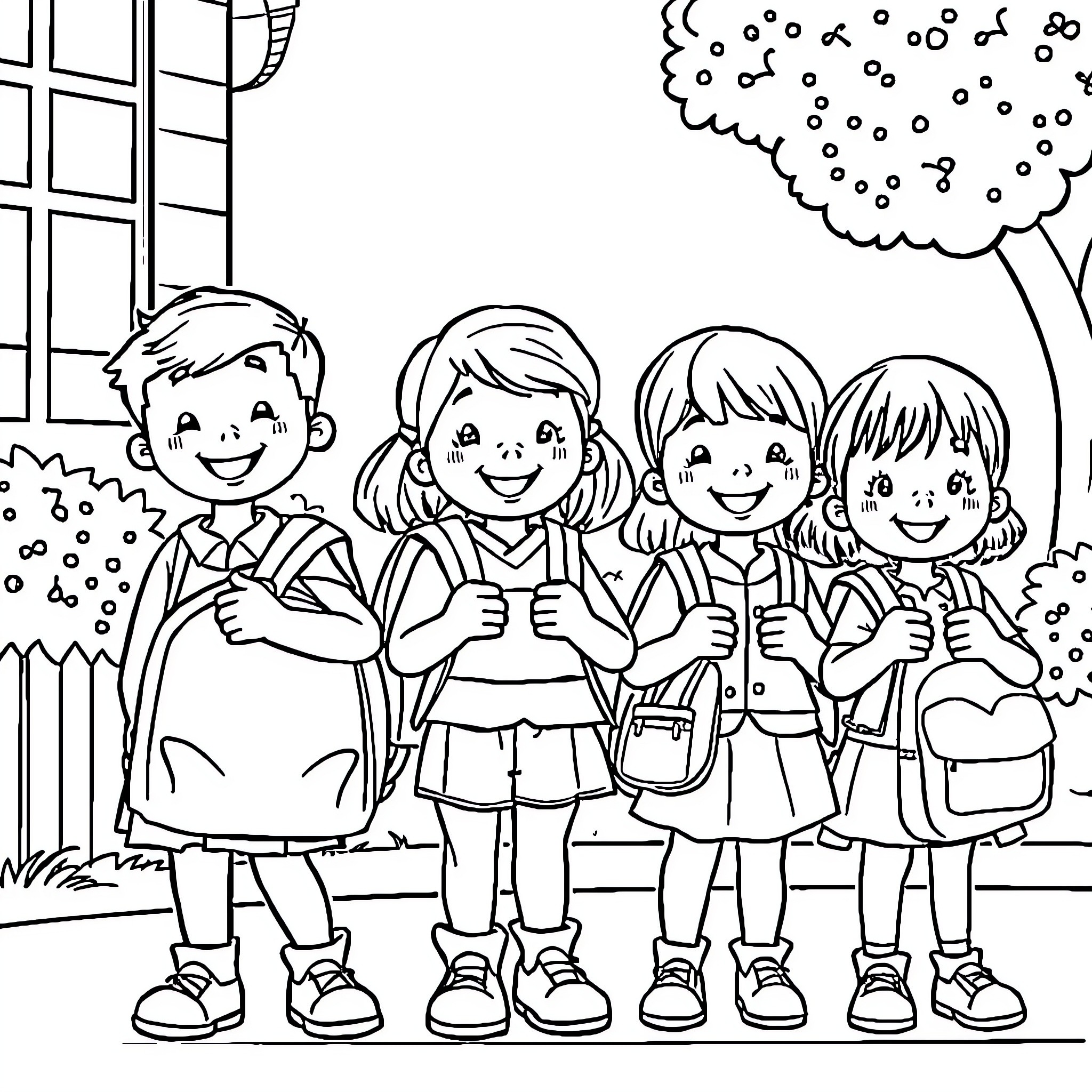 Child friends playing and exploring outdoors Coloring Page (free black-and-white line drawing printable PDF for all, from beginners to advanced learners, including children, teens, adults, and seniors)