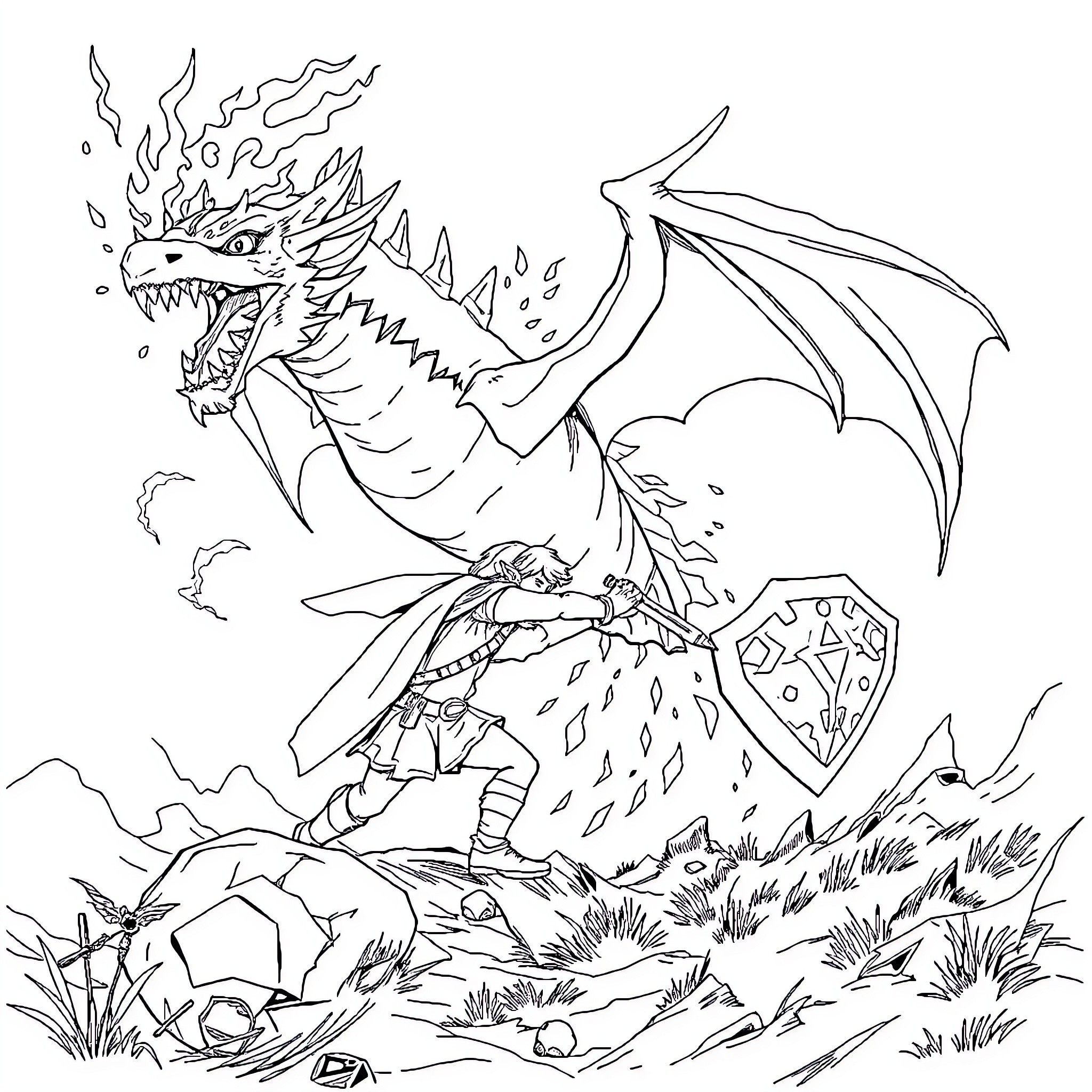 Link Battling Fierce Dragon in Wilderness Coloring Page (free black-and-white line drawing printable PDF for all, from beginners to advanced learners, including children, teens, adults, and seniors)