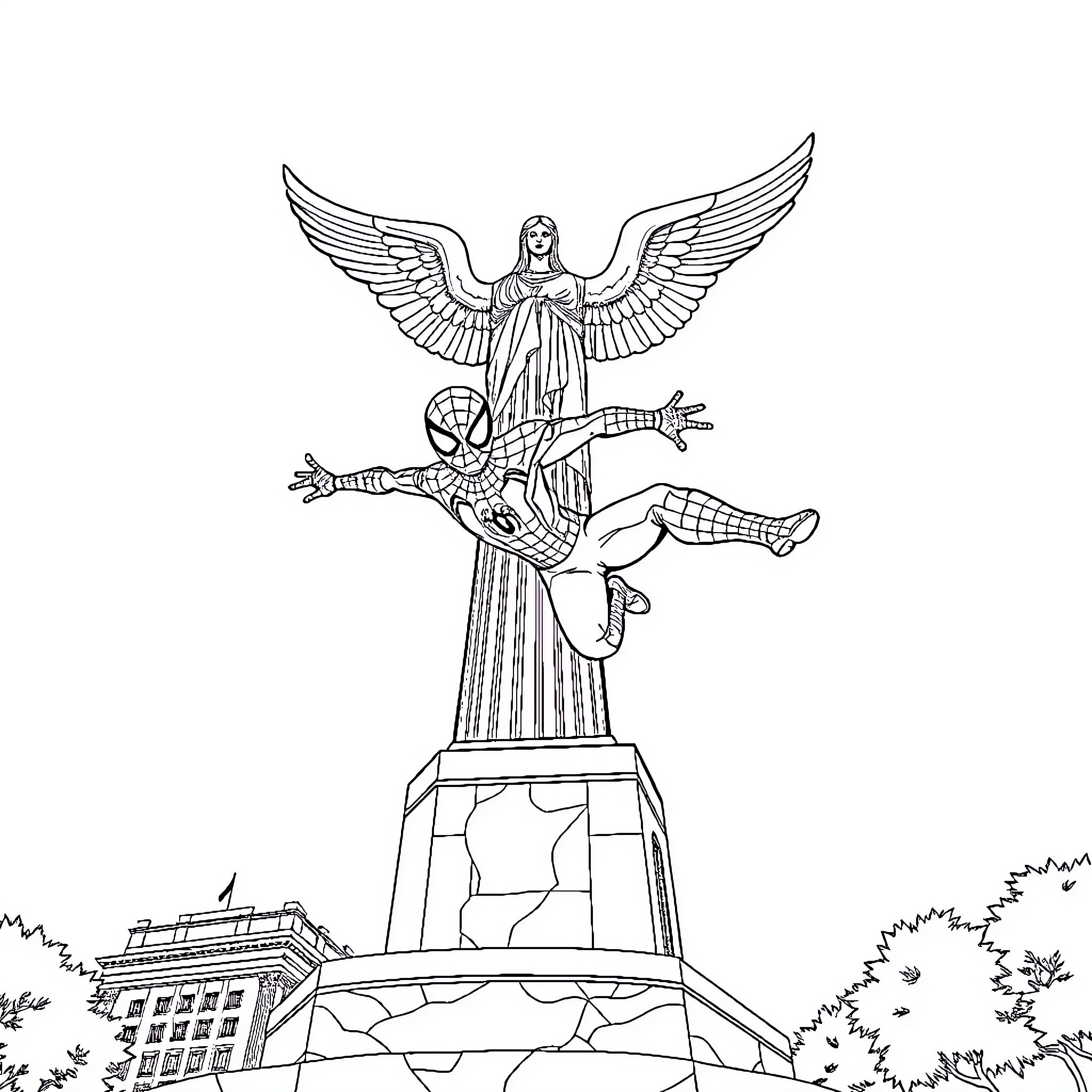 Spider-Man swinging heroically on city monument Coloring Page (free black-and-white line drawing printable PDF for all, from beginners to advanced learners, including children, teens, adults, and seniors)