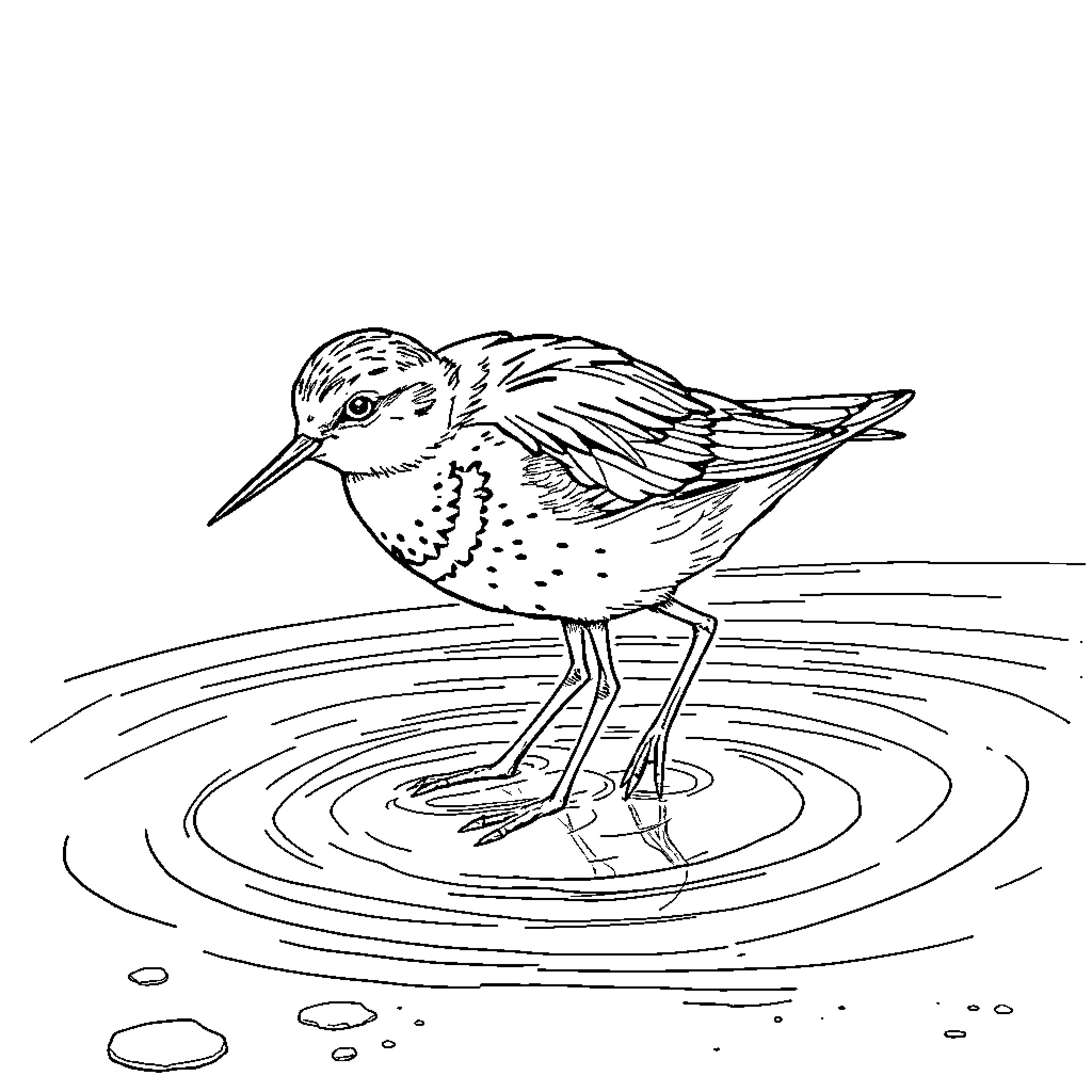 Micrasterias shorebird in tranquil waters Coloring Page (free black-and-white line drawing printable PDF for all, from beginners to advanced learners, including children, teens, adults, and seniors)