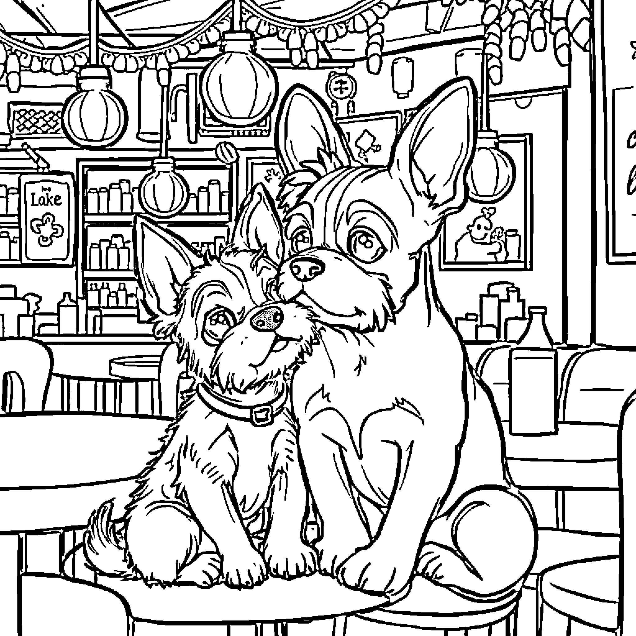 Perro amistoso en tienda de mascotas Coloring Page (free black-and-white line drawing printable PDF for all, from beginners to advanced learners, including children, teens, adults, and seniors)
