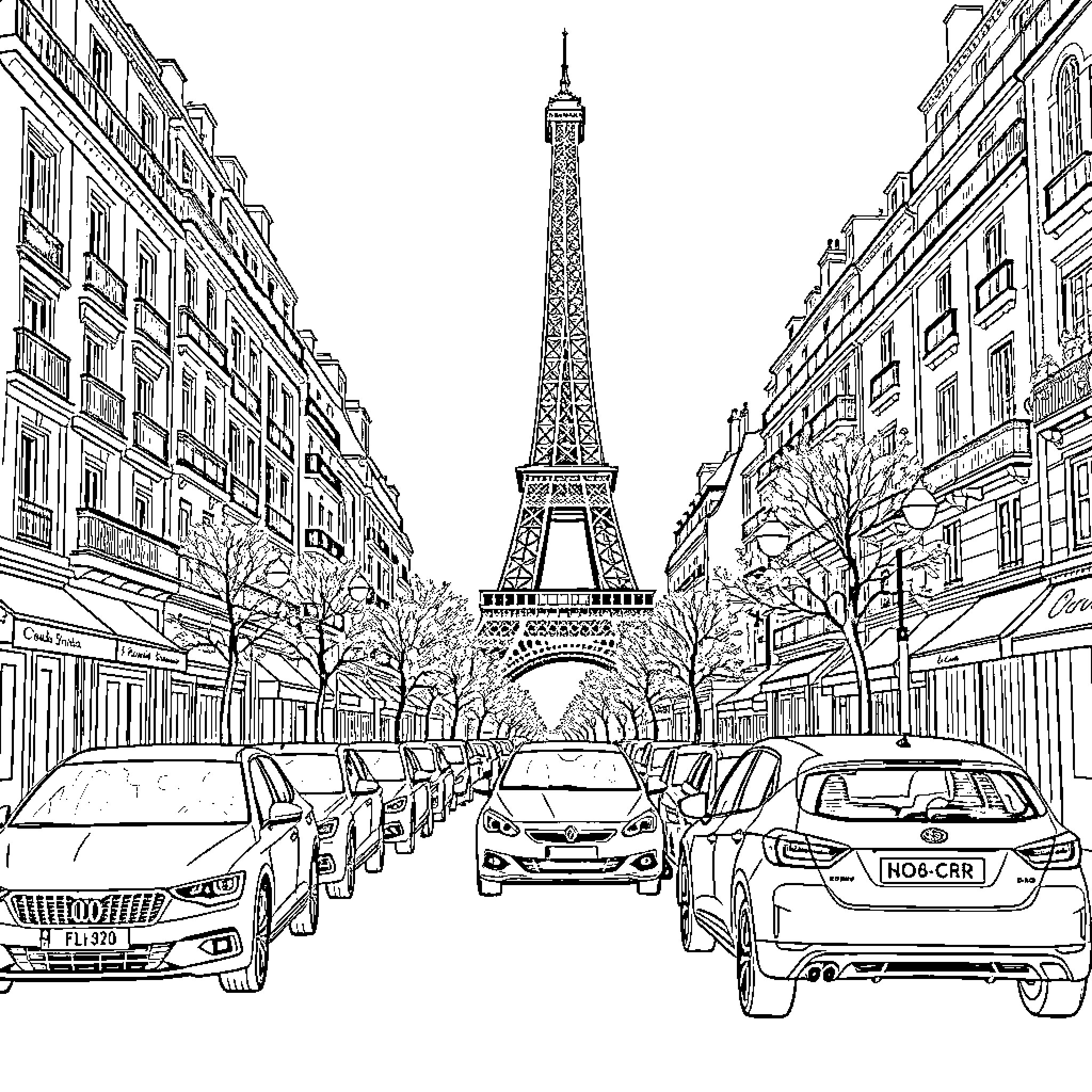 Car scene with Eiffel Tower in Paris Coloring Page (free black-and-white line drawing printable PDF for all, from beginners to advanced learners, including children, teens, adults, and seniors)