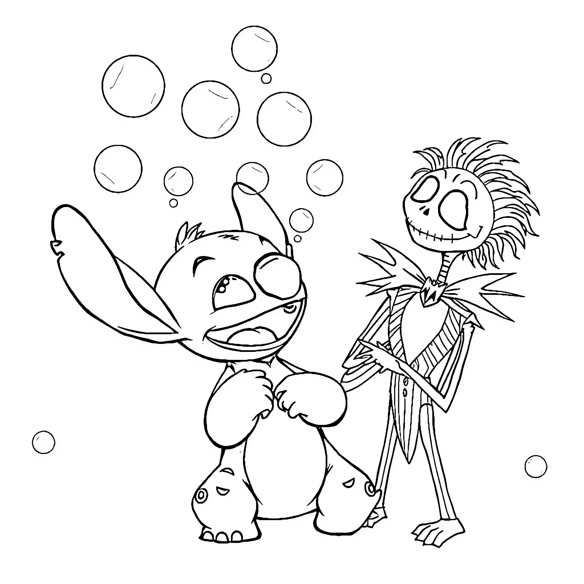 Stitch and monster character in a whimsical scene Coloring Page (free black-and-white line drawing printable PDF for all, from beginners to advanced learners, including children, teens, adults, and seniors)