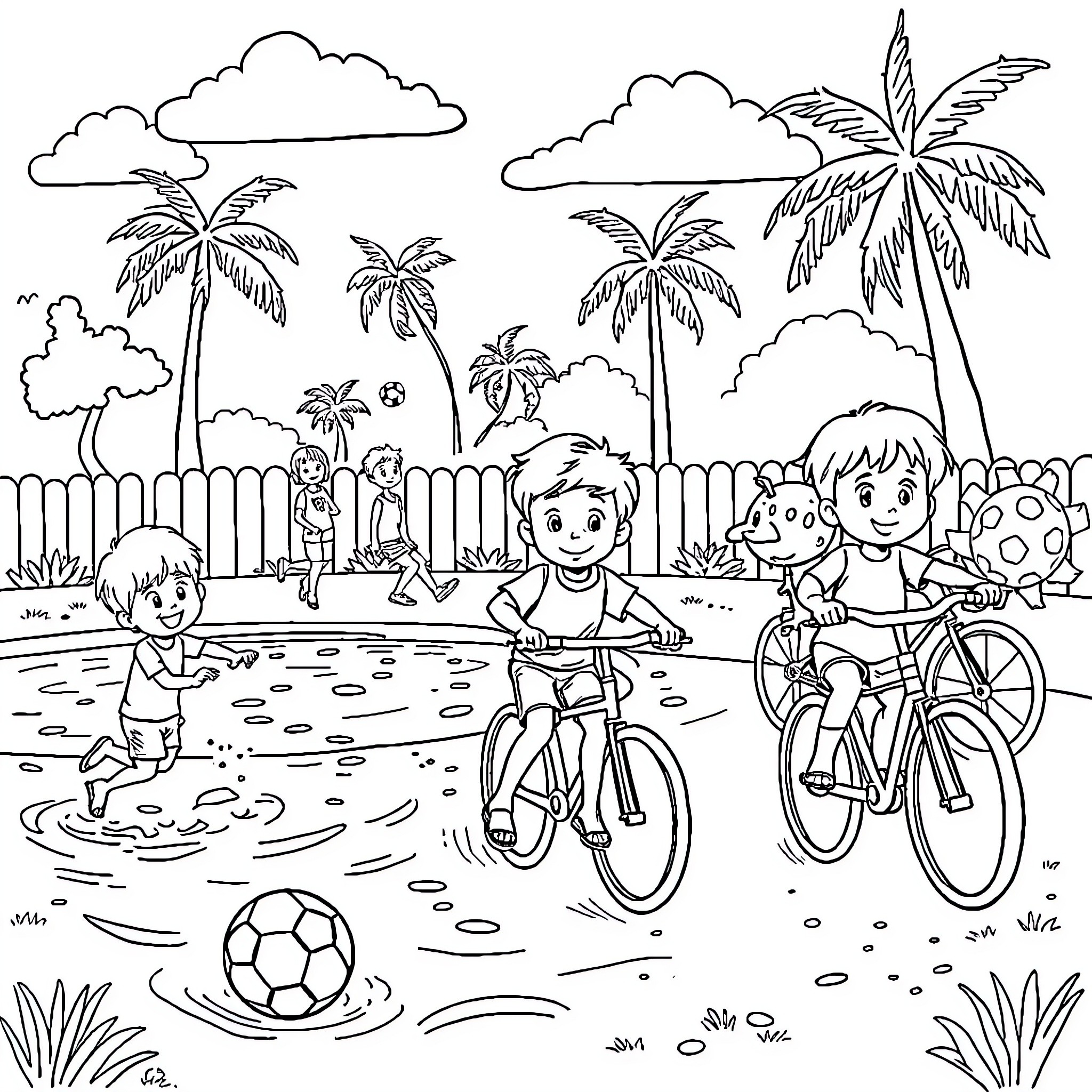 Kid playing and exploring a tropical park Coloring Page (free black-and-white line drawing printable PDF for all, from beginners to advanced learners, including children, teens, adults, and seniors)