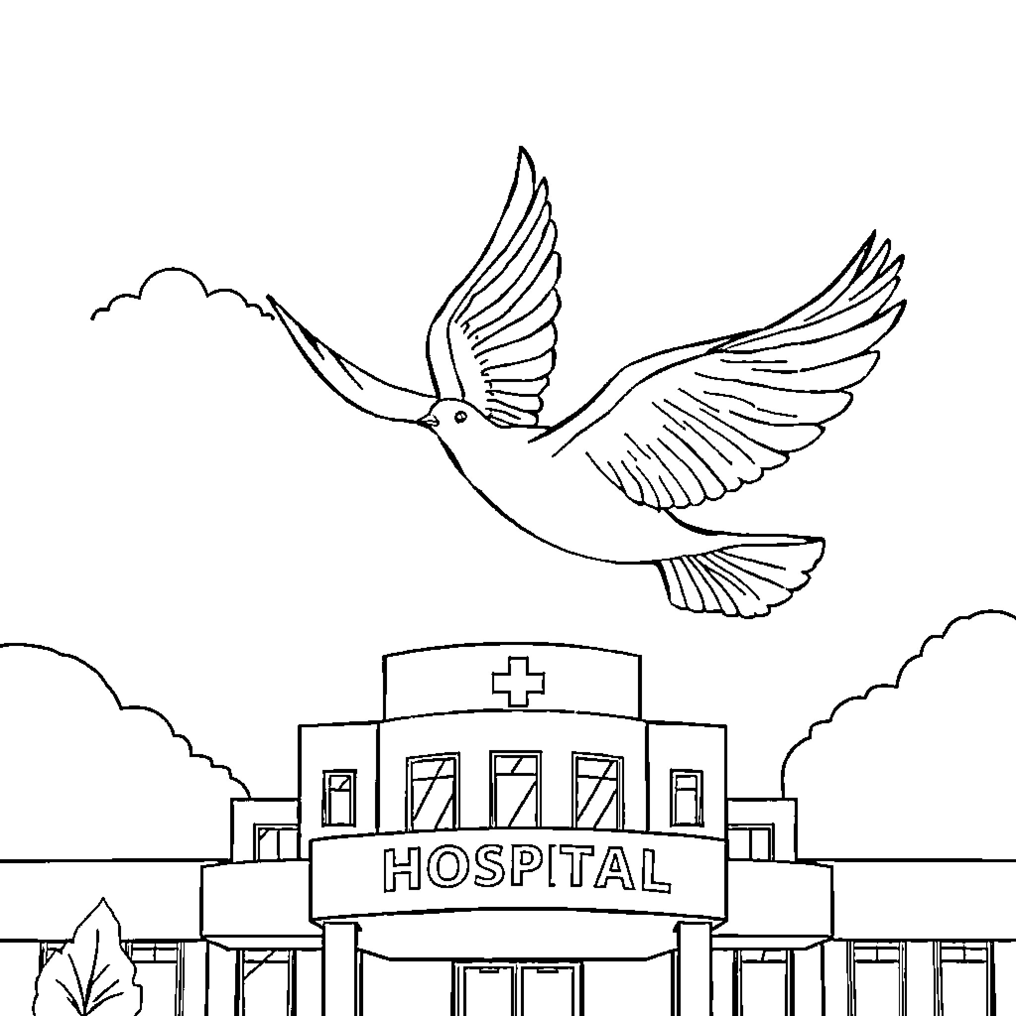 Dove flying over hospital building Coloring Page (free black-and-white line drawing printable PDF for all, from beginners to advanced learners, including children, teens, adults, and seniors)