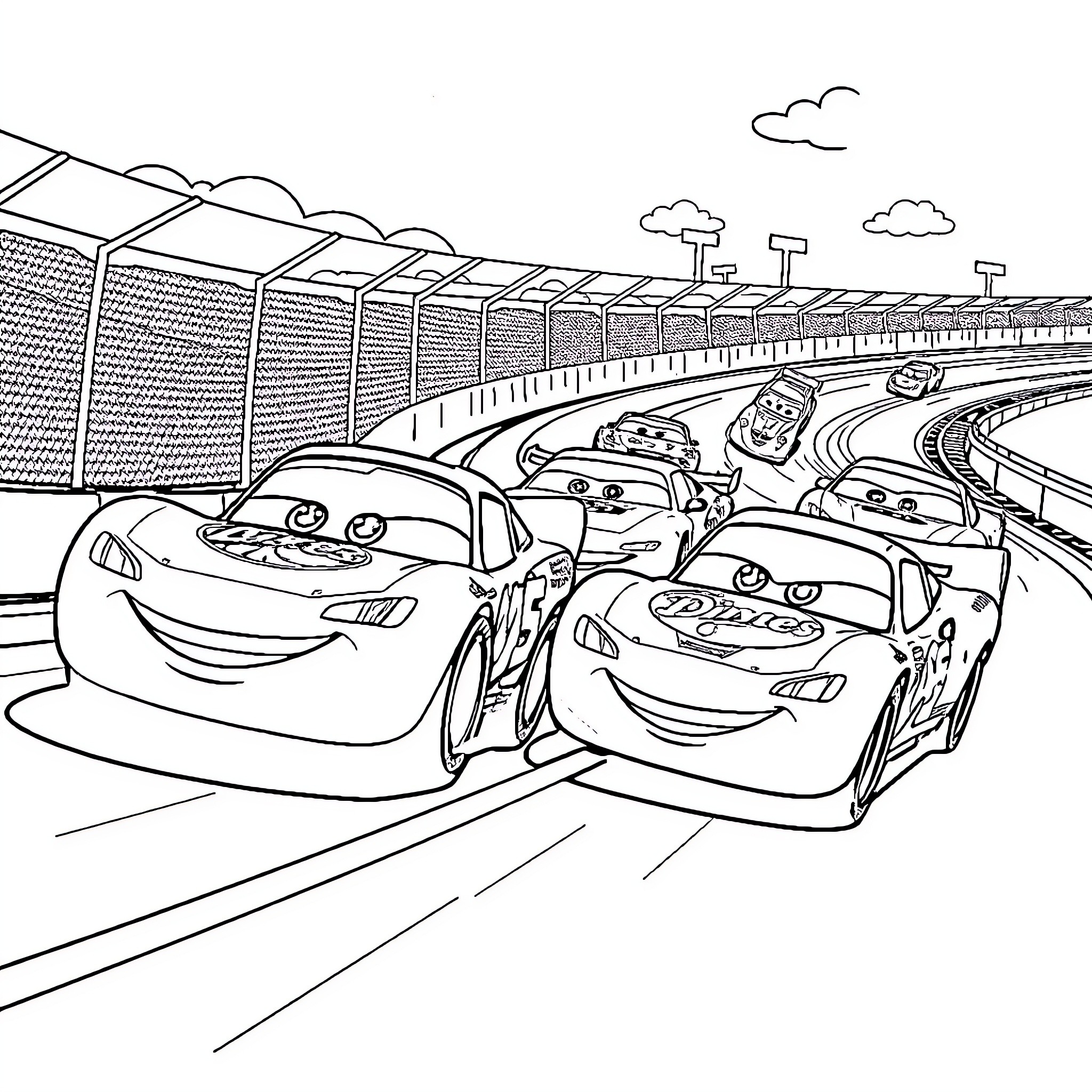 Cars racing on the track Coloring Page (free black-and-white line drawing printable PDF for all, from beginners to advanced learners, including children, teens, adults, and seniors)
