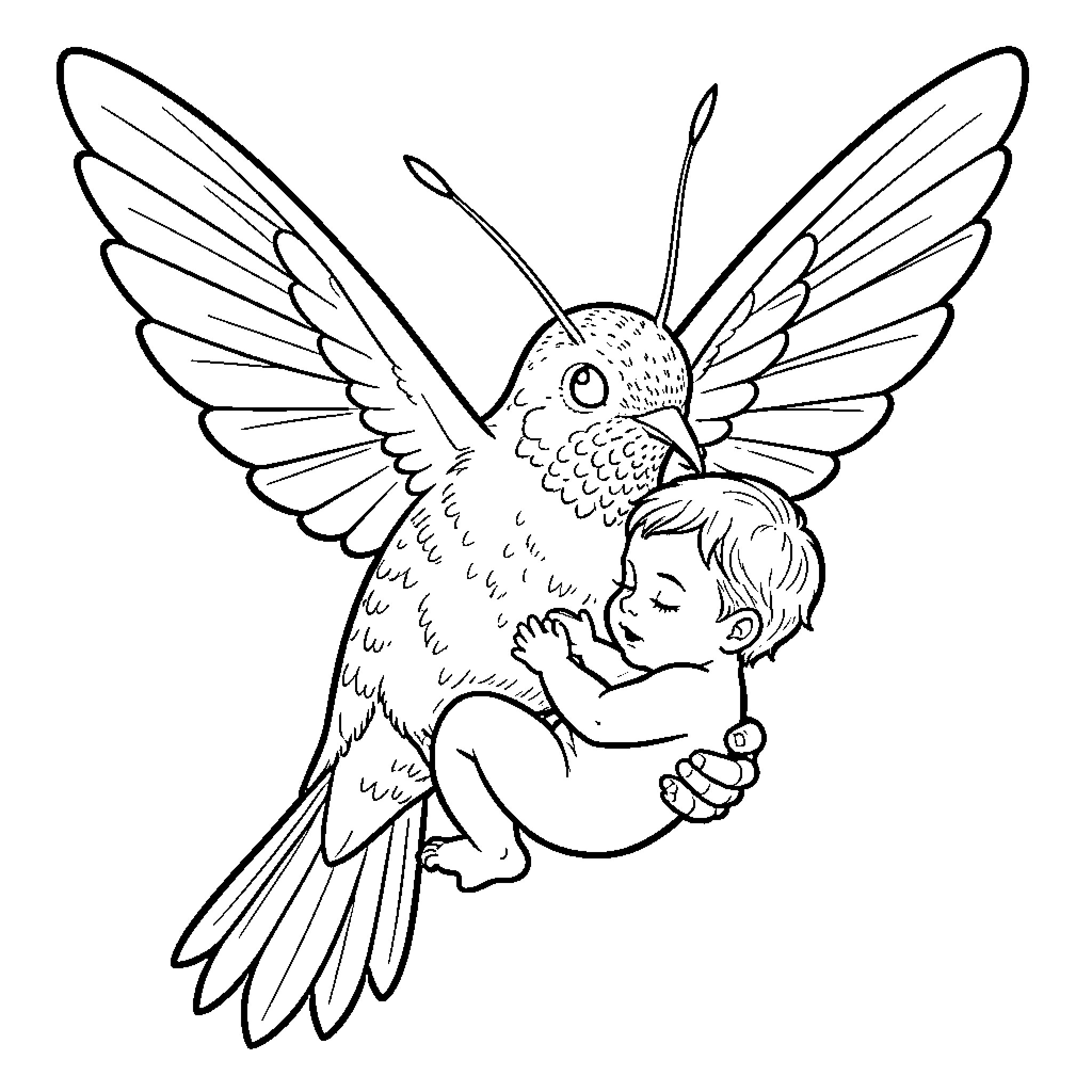 Hummingbird gently carrying a sleeping baby in its claws Coloring Page (free black-and-white line drawing printable PDF for all, from beginners to advanced learners, including children, teens, adults, and seniors)
