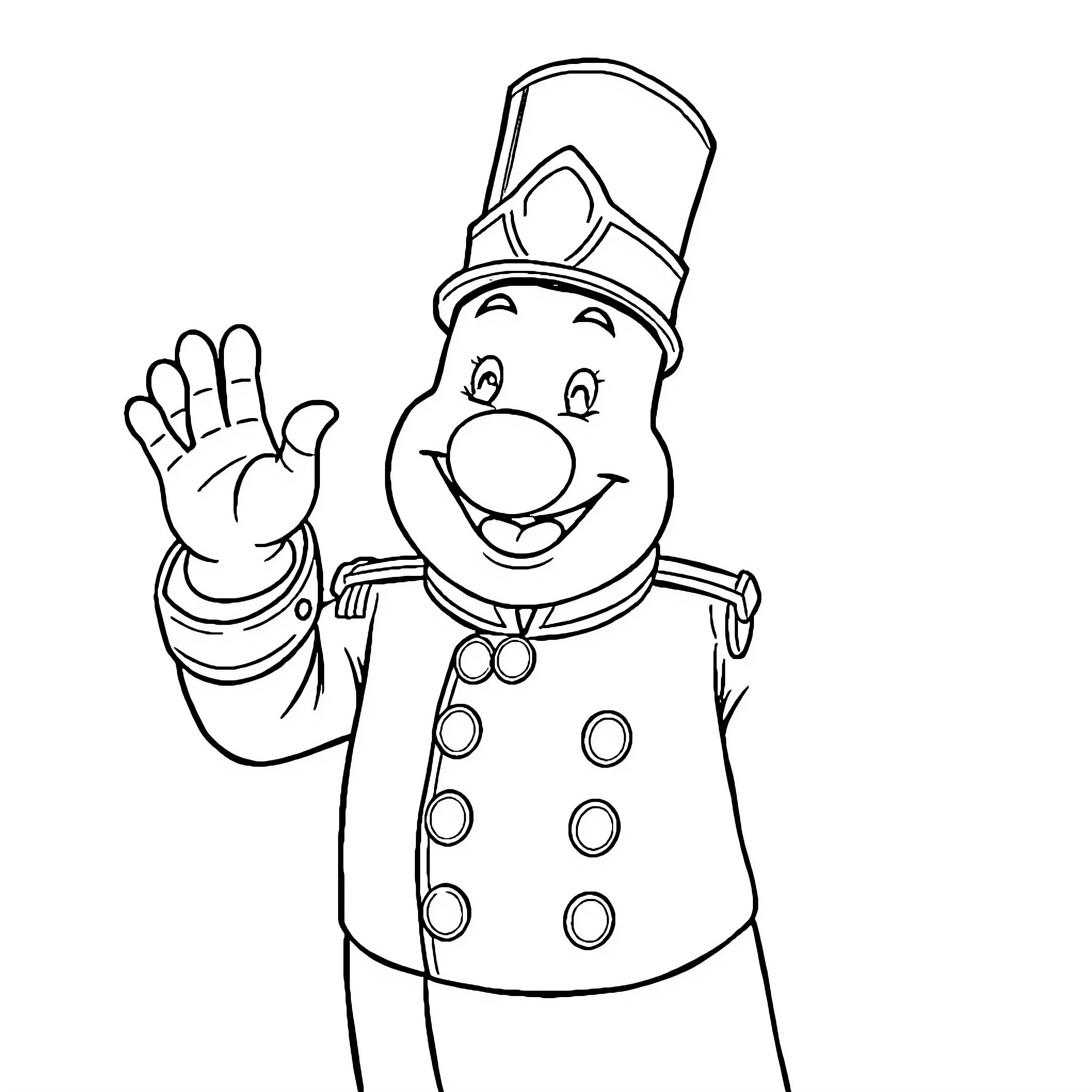 Babar the friendly elephant waving hello Coloring Page (free black-and-white line drawing printable PDF for all, from beginners to advanced learners, including children, teens, adults, and seniors)