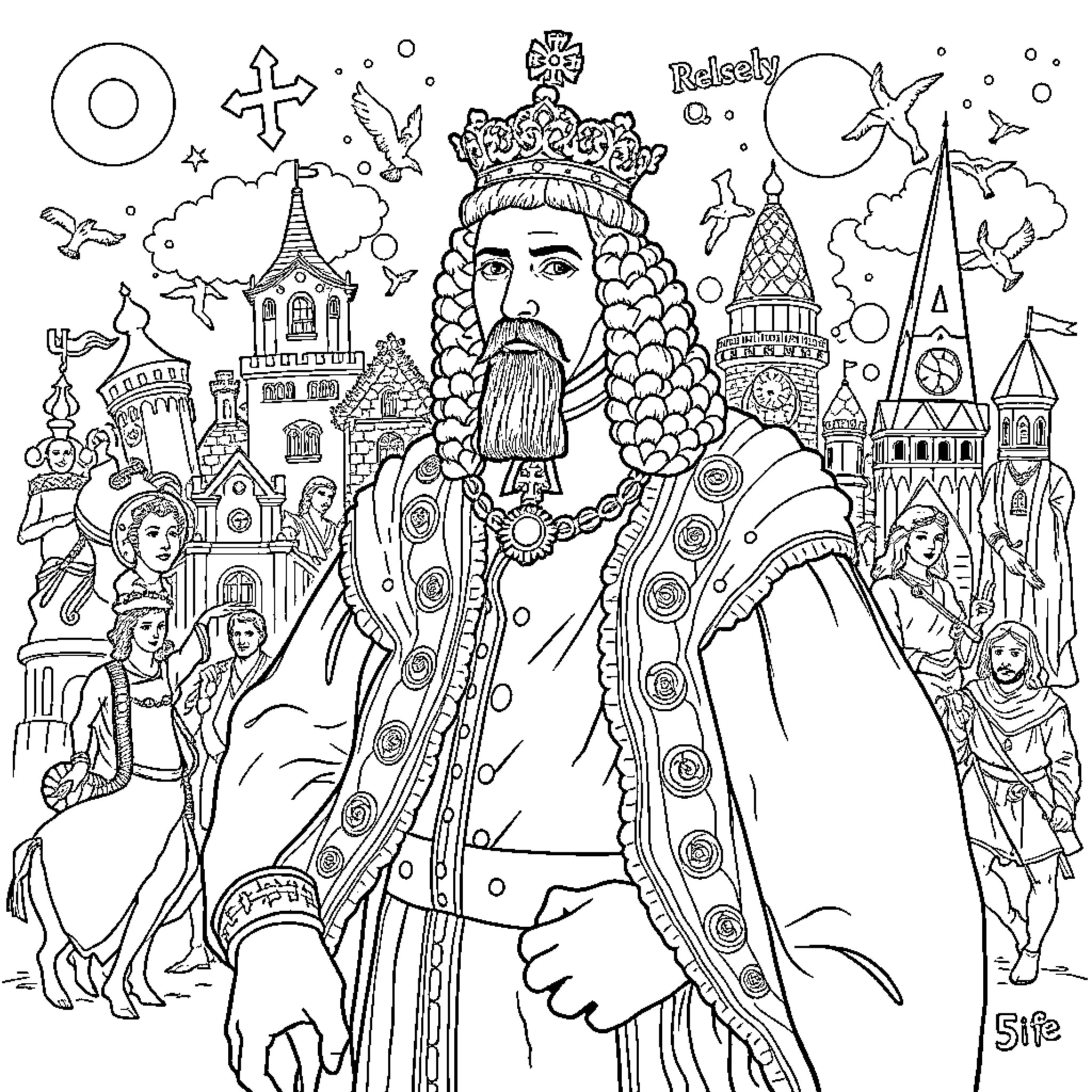 Charles III in Regal Attire Among Ornate Buildings Coloring Page (free black-and-white line drawing printable PDF for all, from beginners to advanced learners, including children, teens, adults, and seniors)