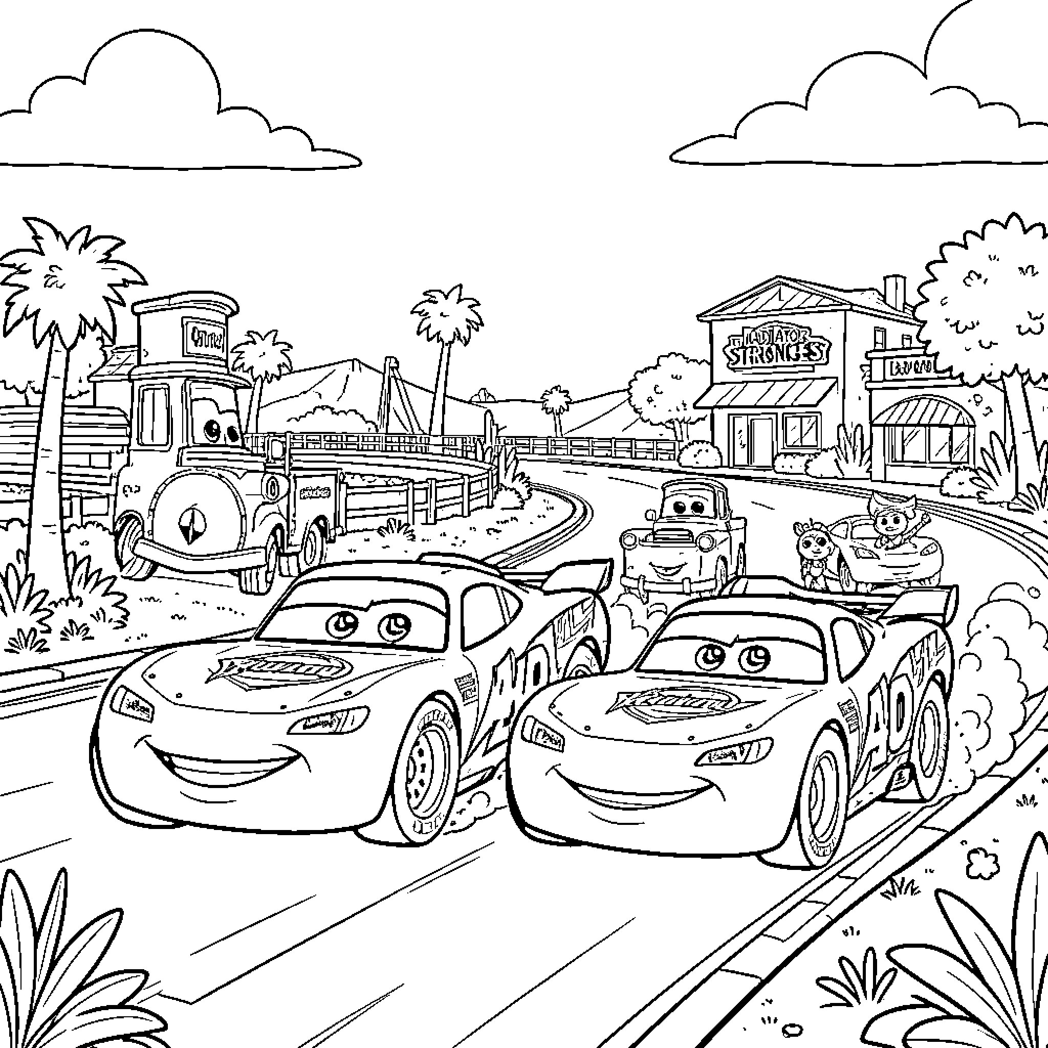Lightning McQueen in a colorful racing scene Coloring Page (free black-and-white line drawing printable PDF for all, from beginners to advanced learners, including children, teens, adults, and seniors)