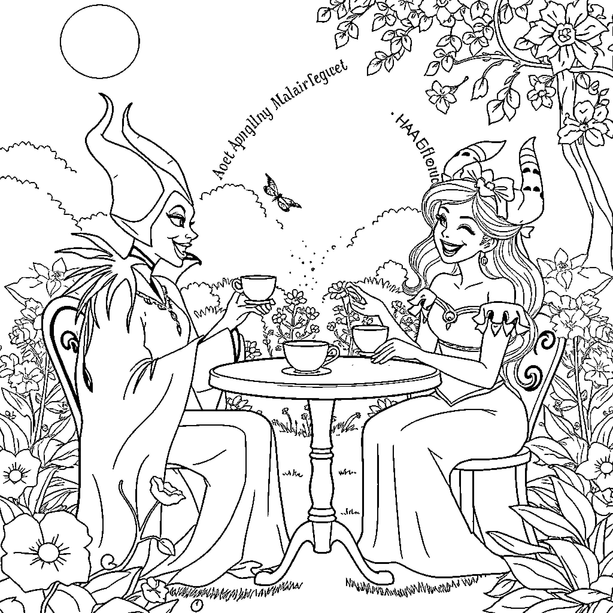 Maleficent and Aurora's Enchanted Garden Encounter Coloring Page (free black-and-white line drawing printable PDF for all, from beginners to advanced learners, including children, teens, adults, and seniors)