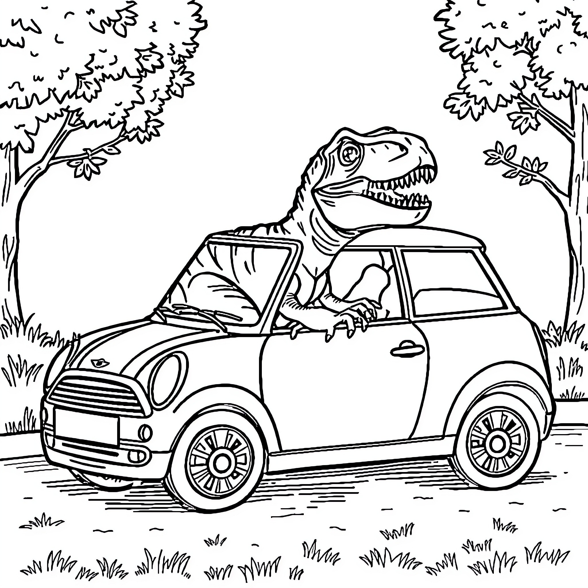 T-Rex driving a car through the forest Coloring Page (free black-and-white line drawing printable PDF for all, from beginners to advanced learners, including children, teens, adults, and seniors)