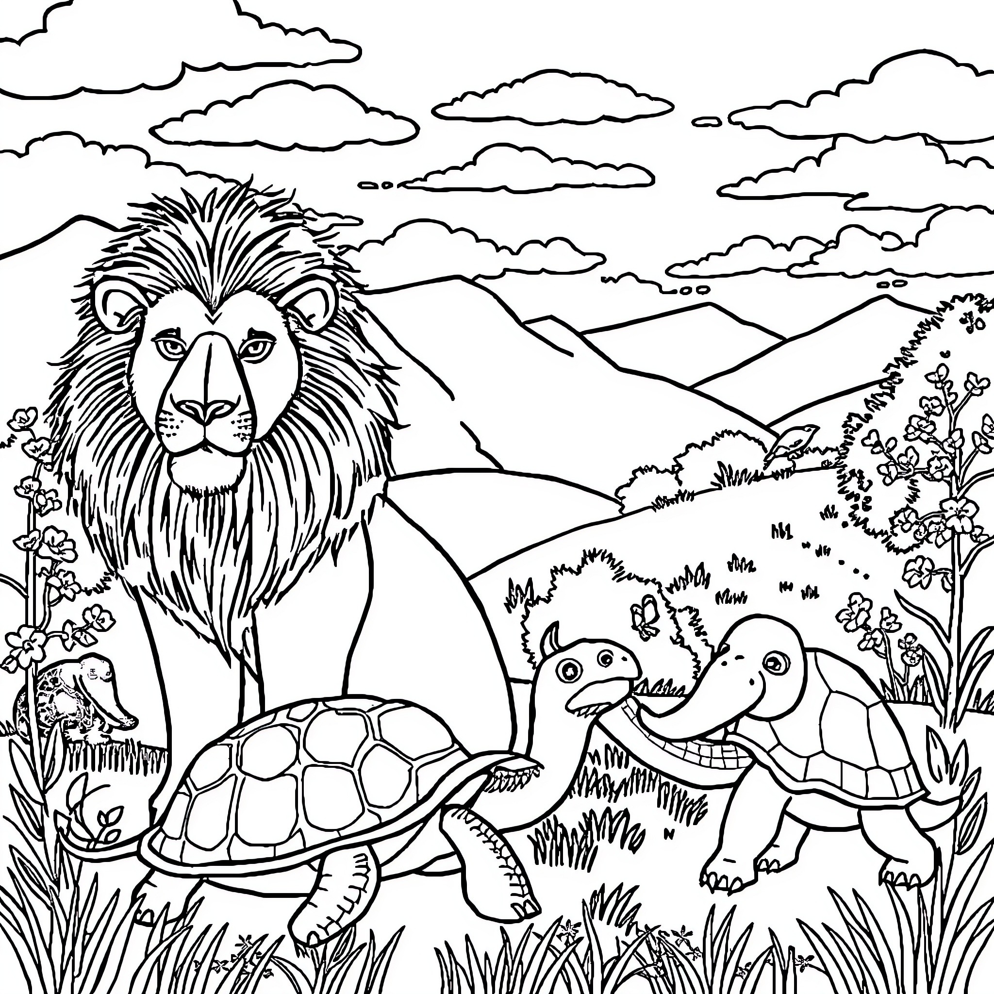 Animal friends explore the wilderness landscape Coloring Page (free black-and-white line drawing printable PDF for all, from beginners to advanced learners, including children, teens, adults, and seniors)
