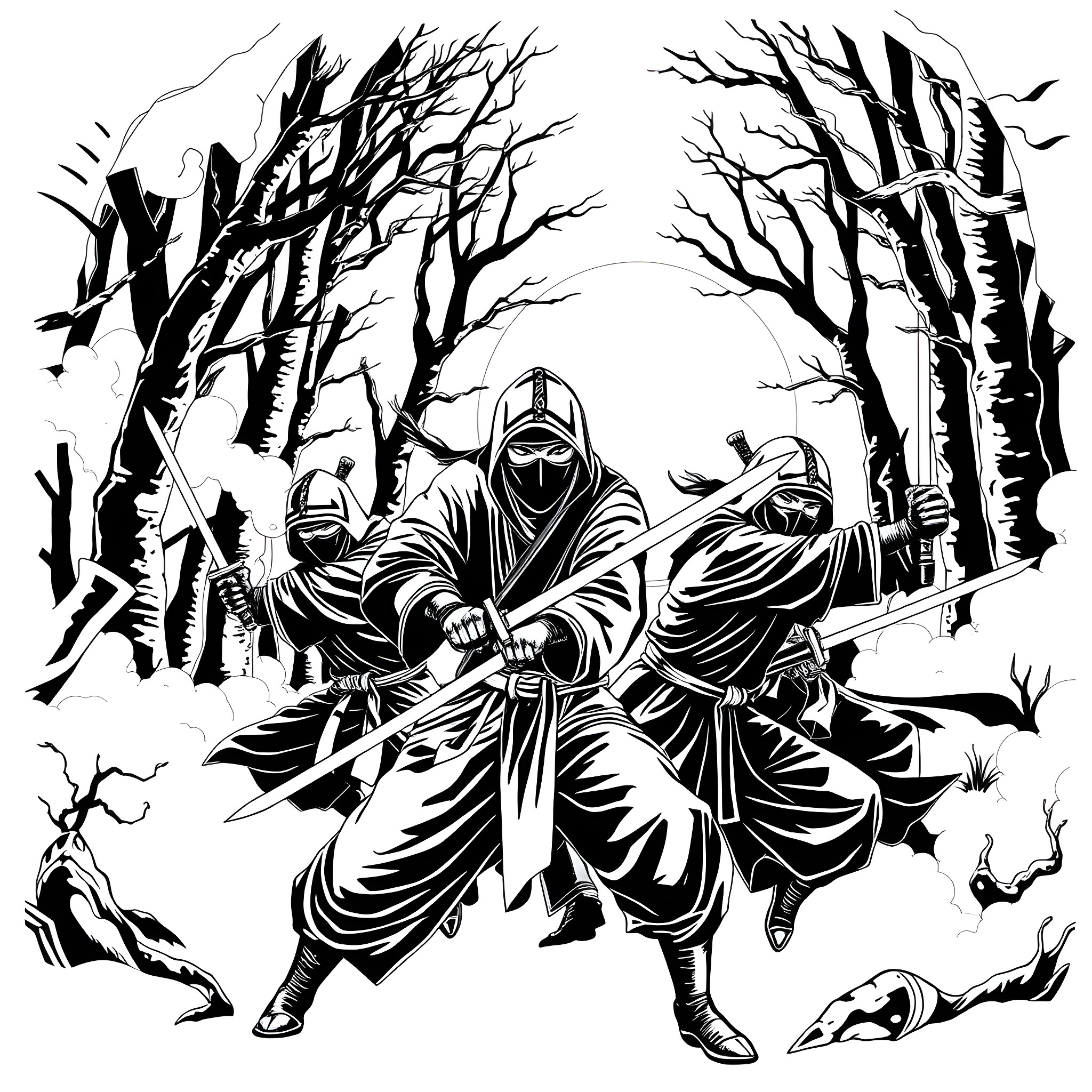 Ninja Warriors in Haunted Forest Coloring Page (free black-and-white line drawing printable PDF for all, from beginners to advanced learners, including children, teens, adults, and seniors)