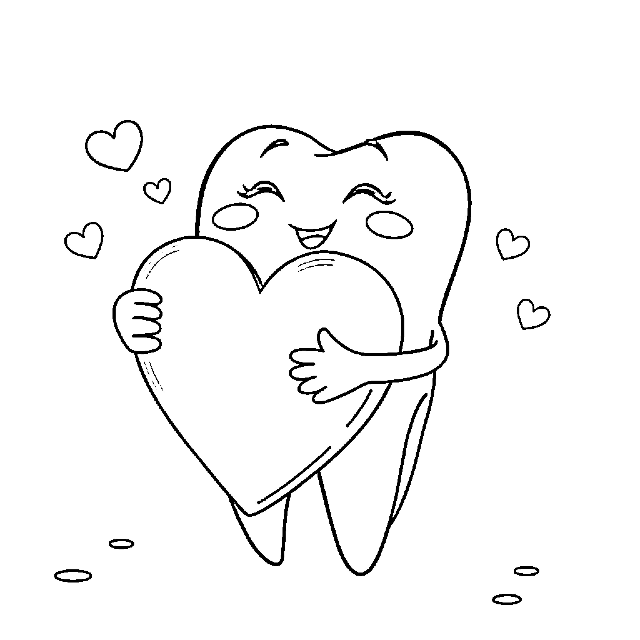 Tooth hugging a heart with joy Coloring Page (free black-and-white line drawing printable PDF for all, from beginners to advanced learners, including children, teens, adults, and seniors)