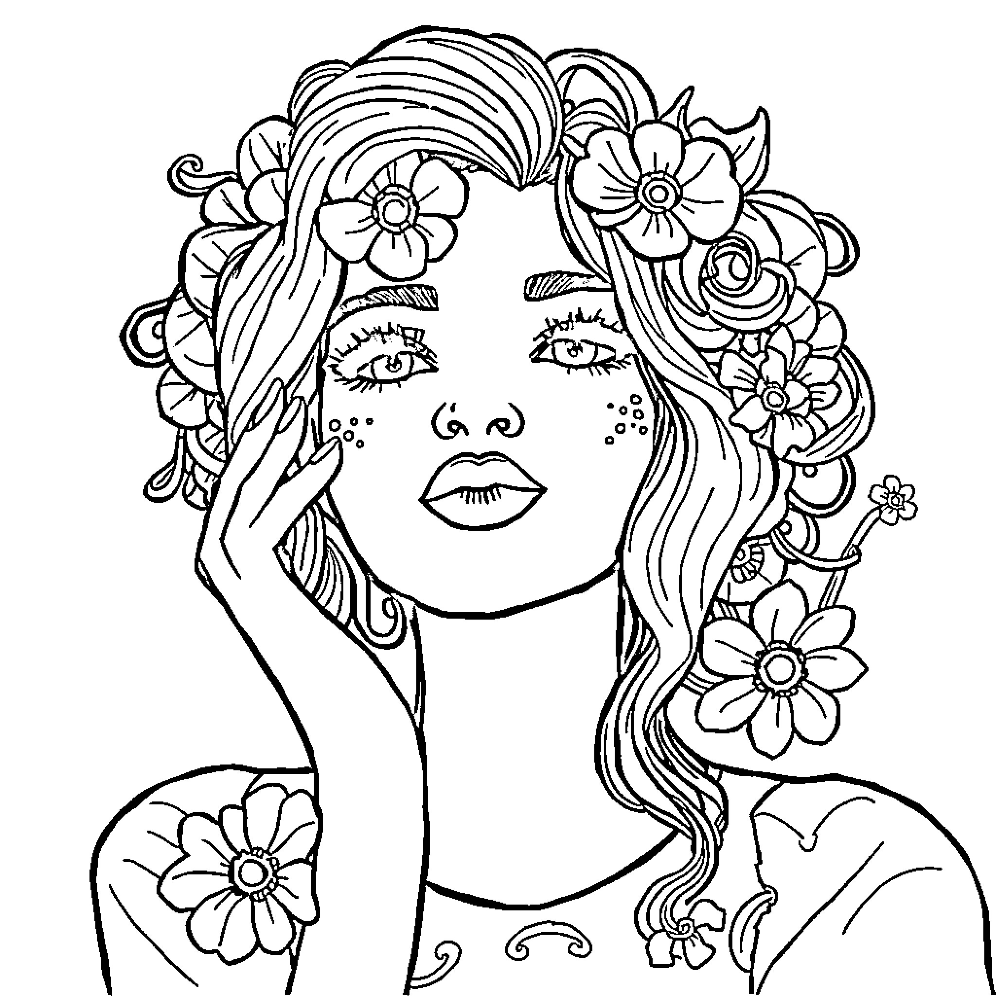 Self Care - Relaxing with Floral Headpiece Coloring Page (free black-and-white line drawing printable PDF for all, from beginners to advanced learners, including children, teens, adults, and seniors)