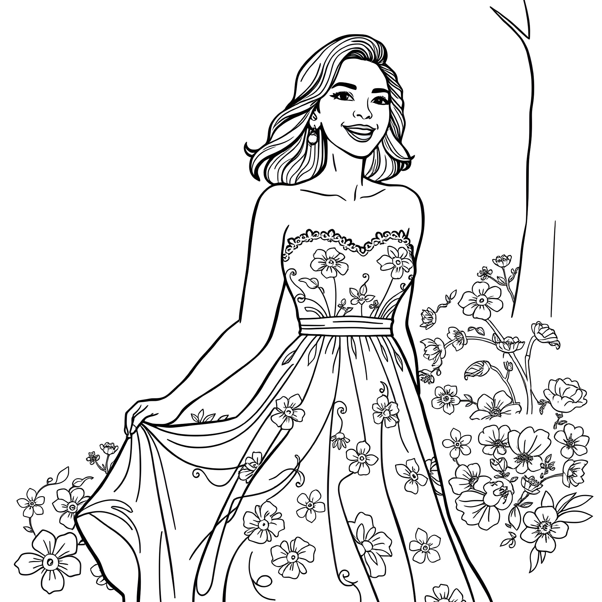 Woman in a Floral Dress Standing Amid Blooming Flowers Coloring Page (free black-and-white line drawing printable PDF for all, from beginners to advanced learners, including children, teens, adults, and seniors)